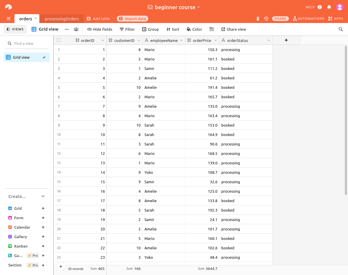 Imported records in the orders table