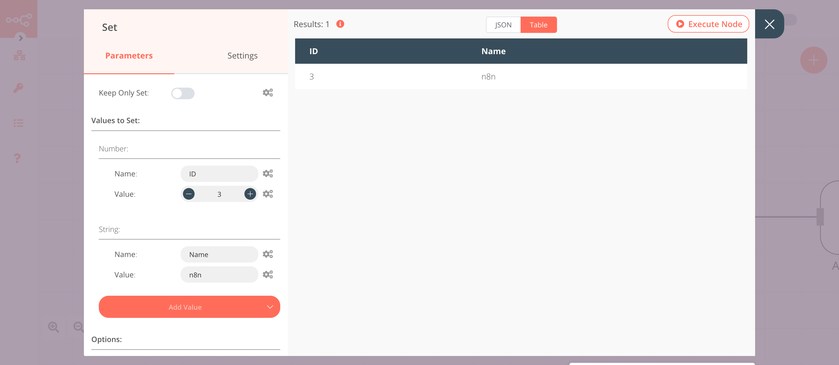 Using the Set node to set data to be inserted by the Airtable node