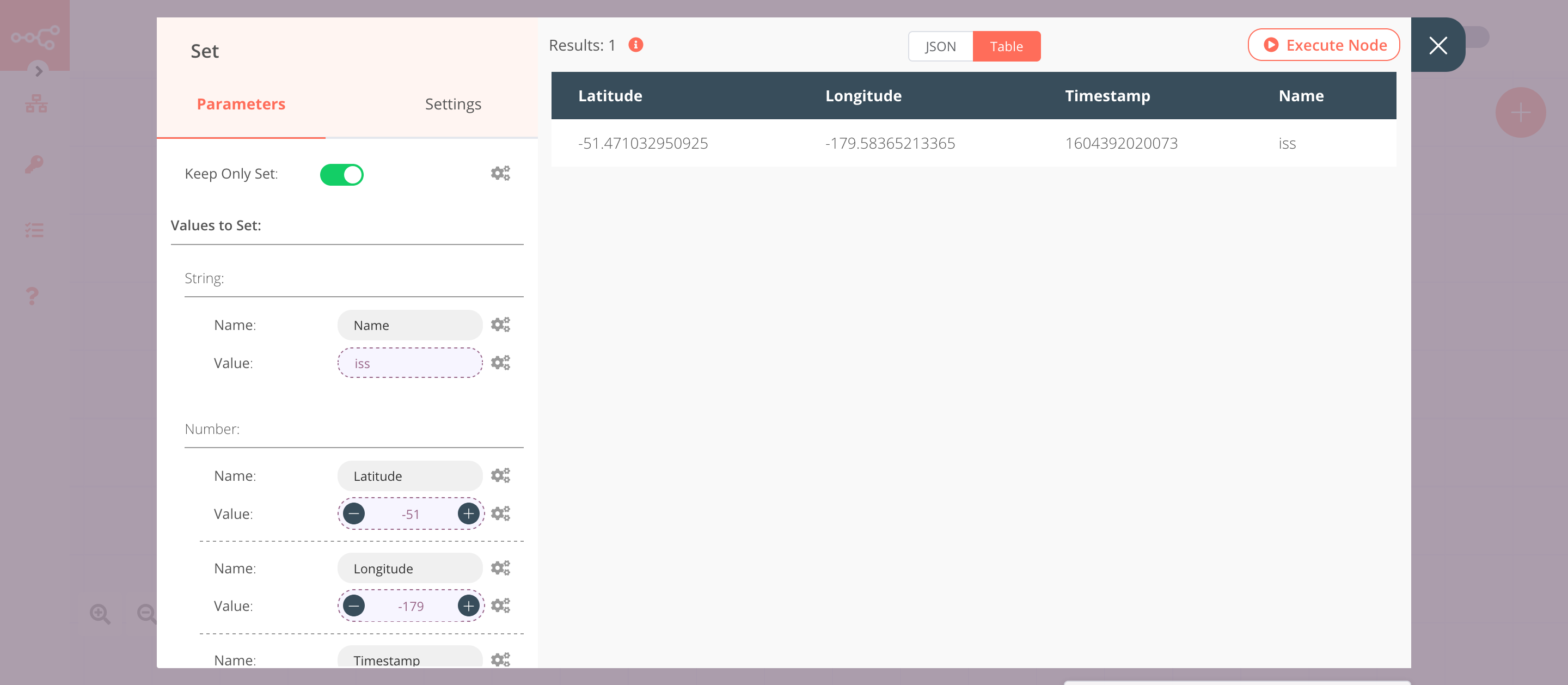 Using the Set node to set the data