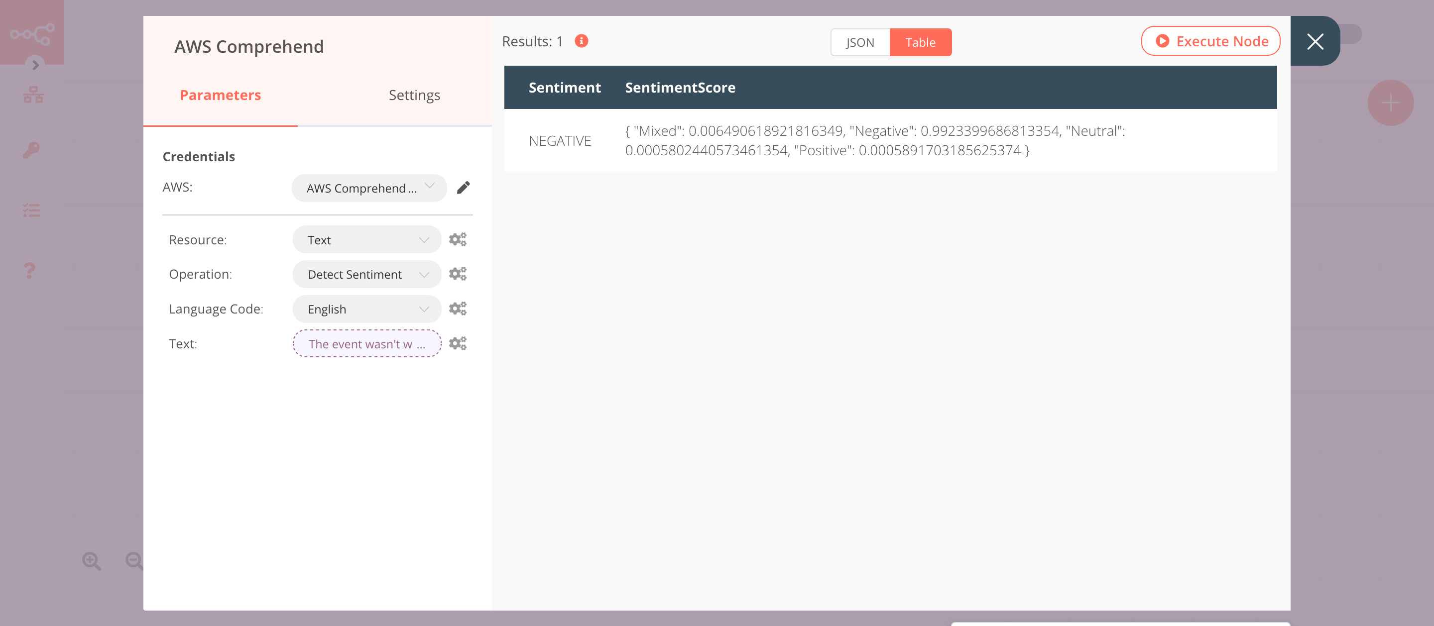 Using the AWS Comprehend node to analyze the sentiment