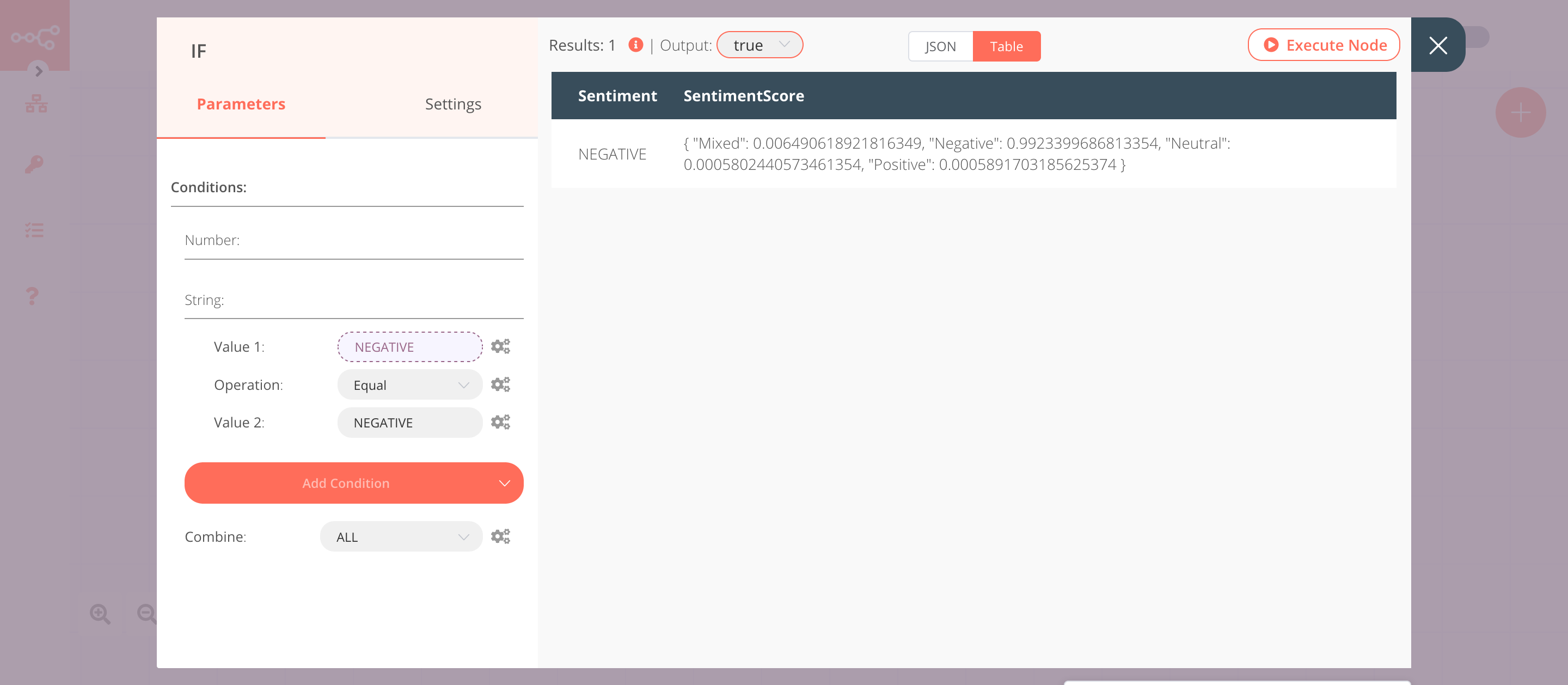 Using the IF node to check if the sentiment