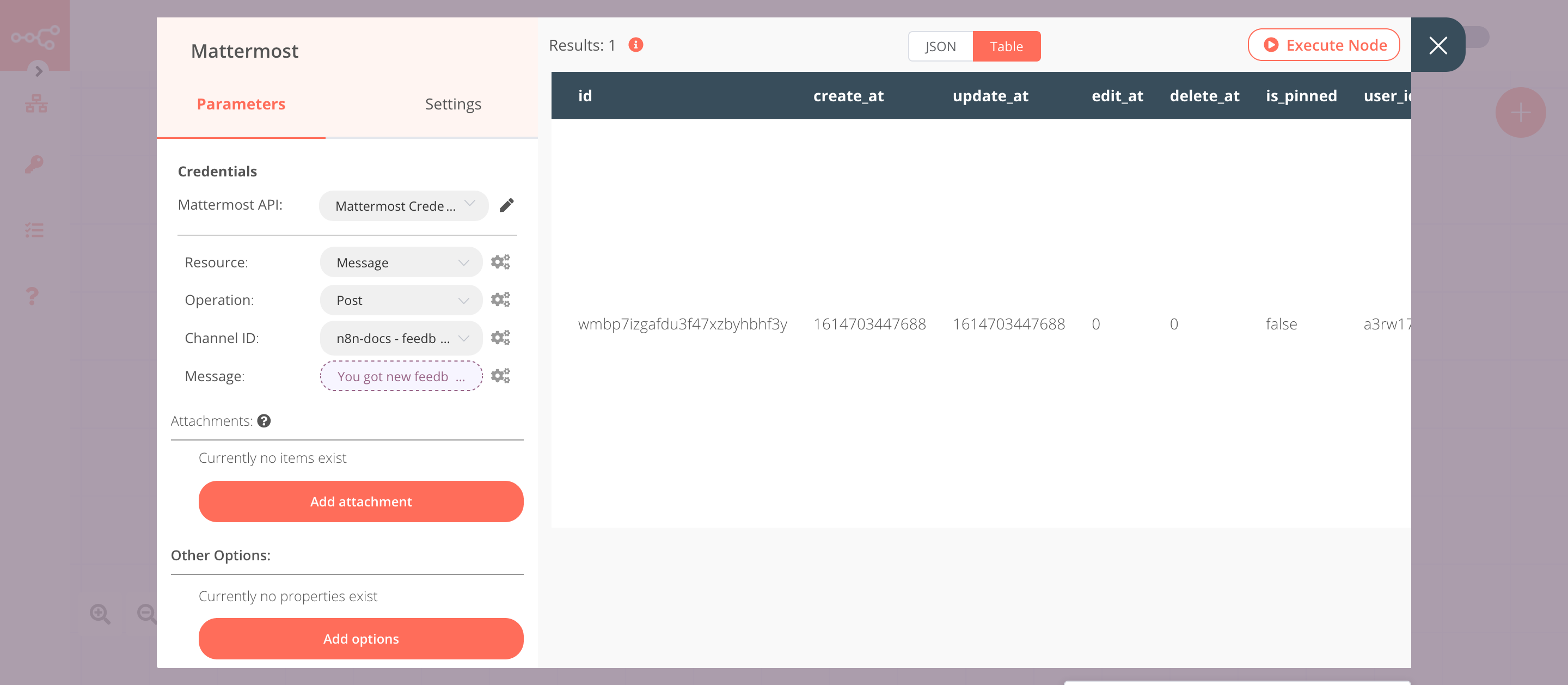 Using the Mattermost node to send the feedback and the analysis score