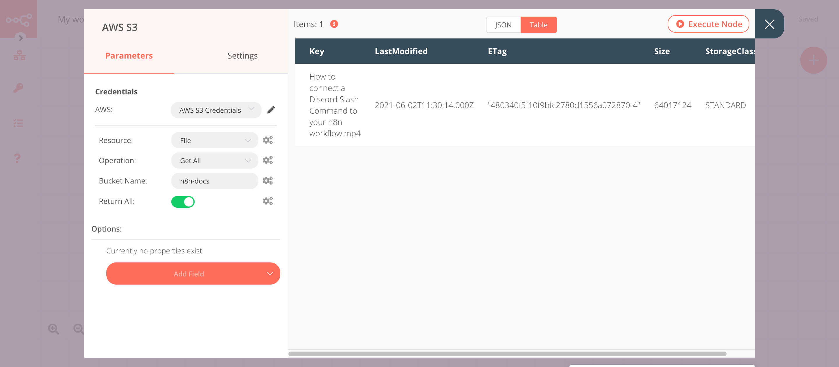 Using the AWS S3 node to fetch information of files stored in a bucket