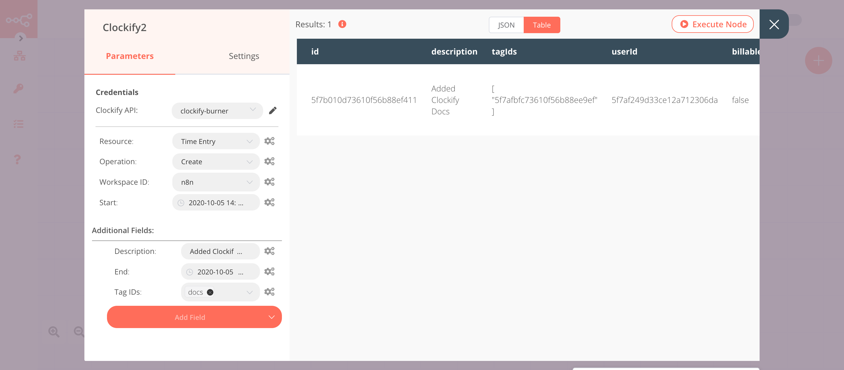 Using the Clockify node to create a time entry