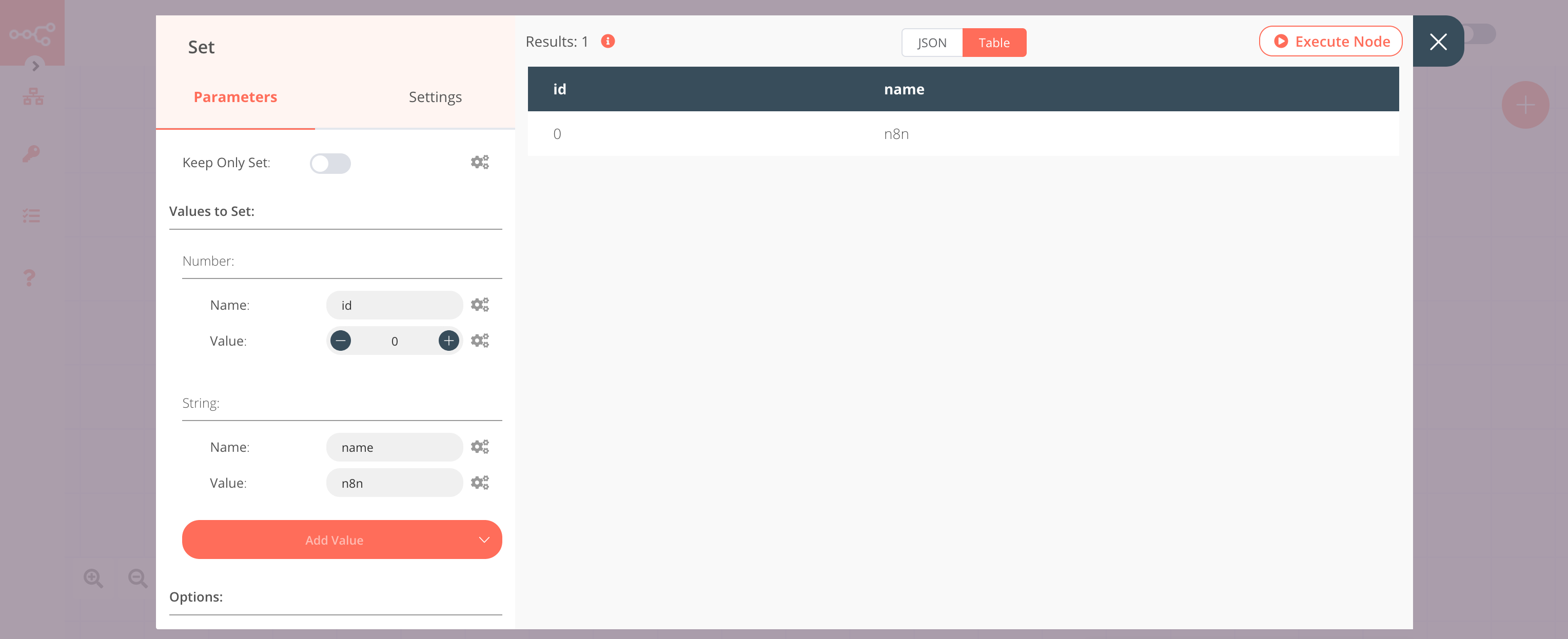 Using the Set node to set data to be inserted by the CrateDB node