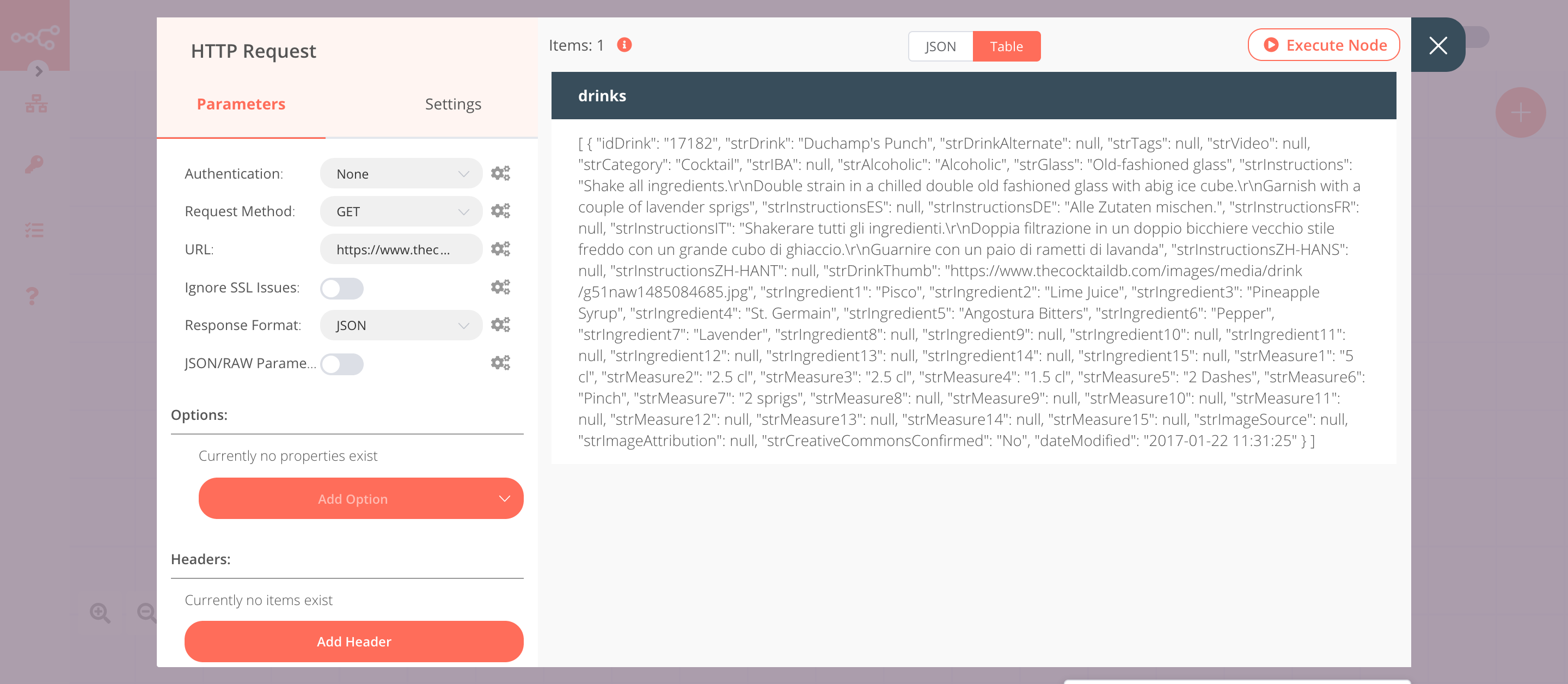 Using the HTTP Request node to get the information about a random cocktail