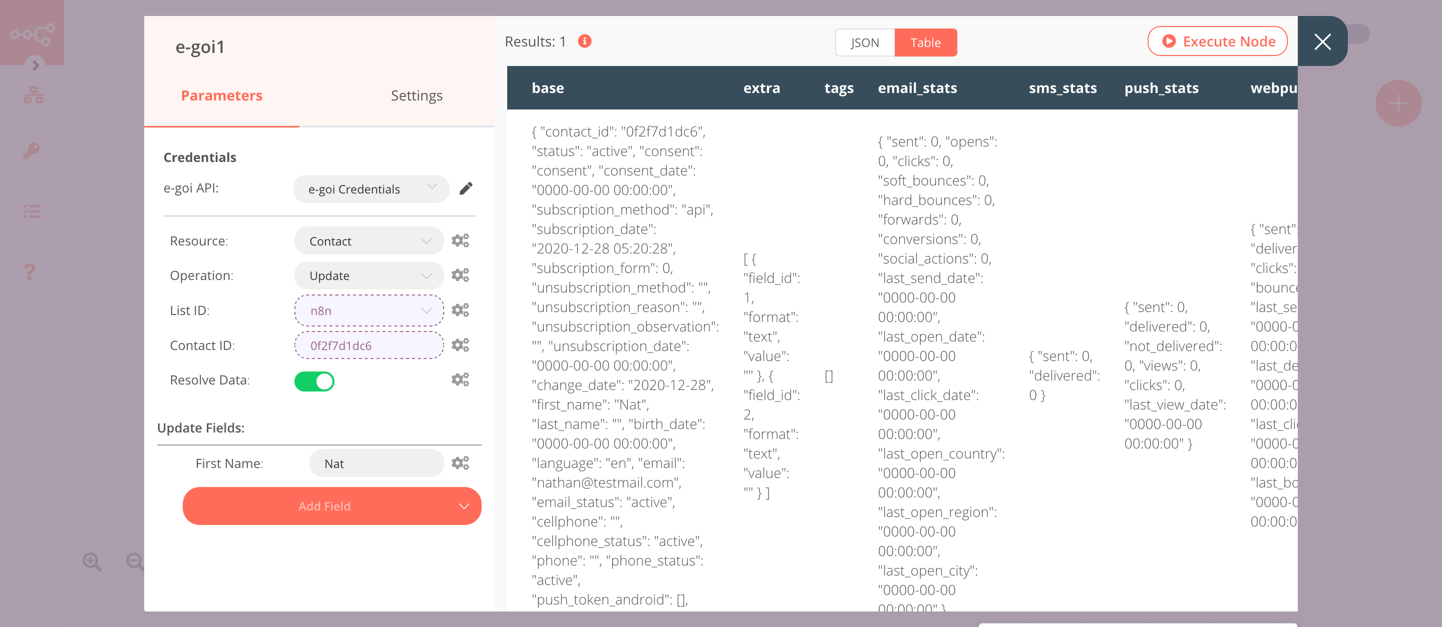 Using the E-goi node to update the contact