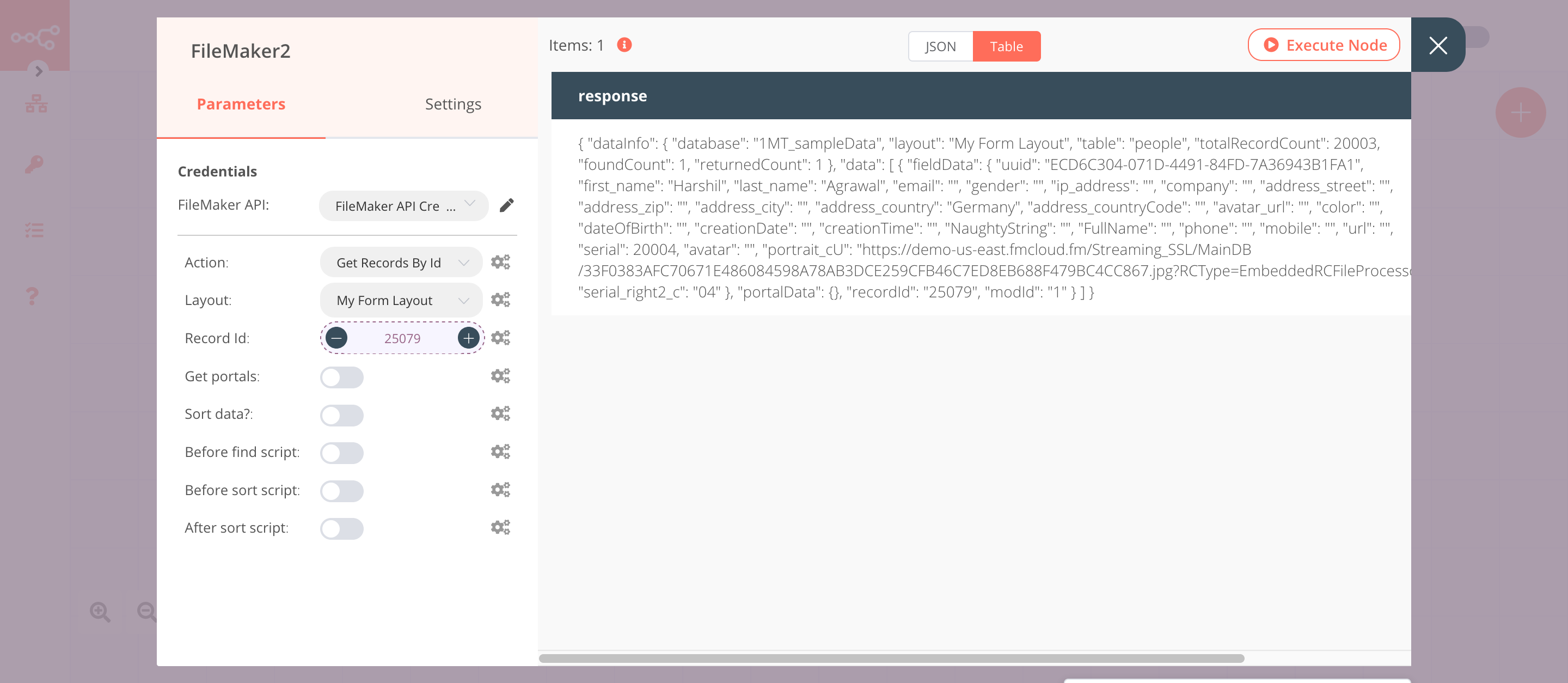 Using the FileMaker node to create a new record