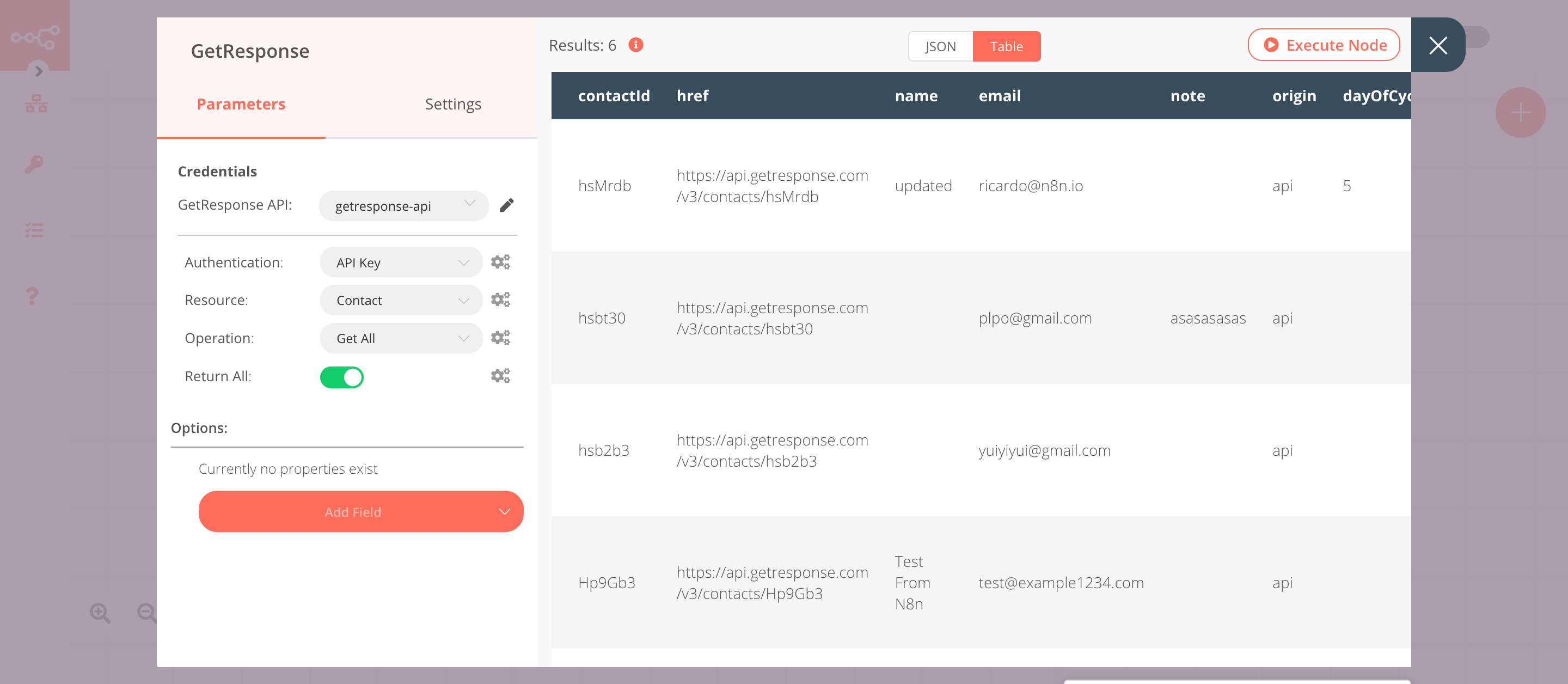 Using the GetResponse node to retrieve all the contacts