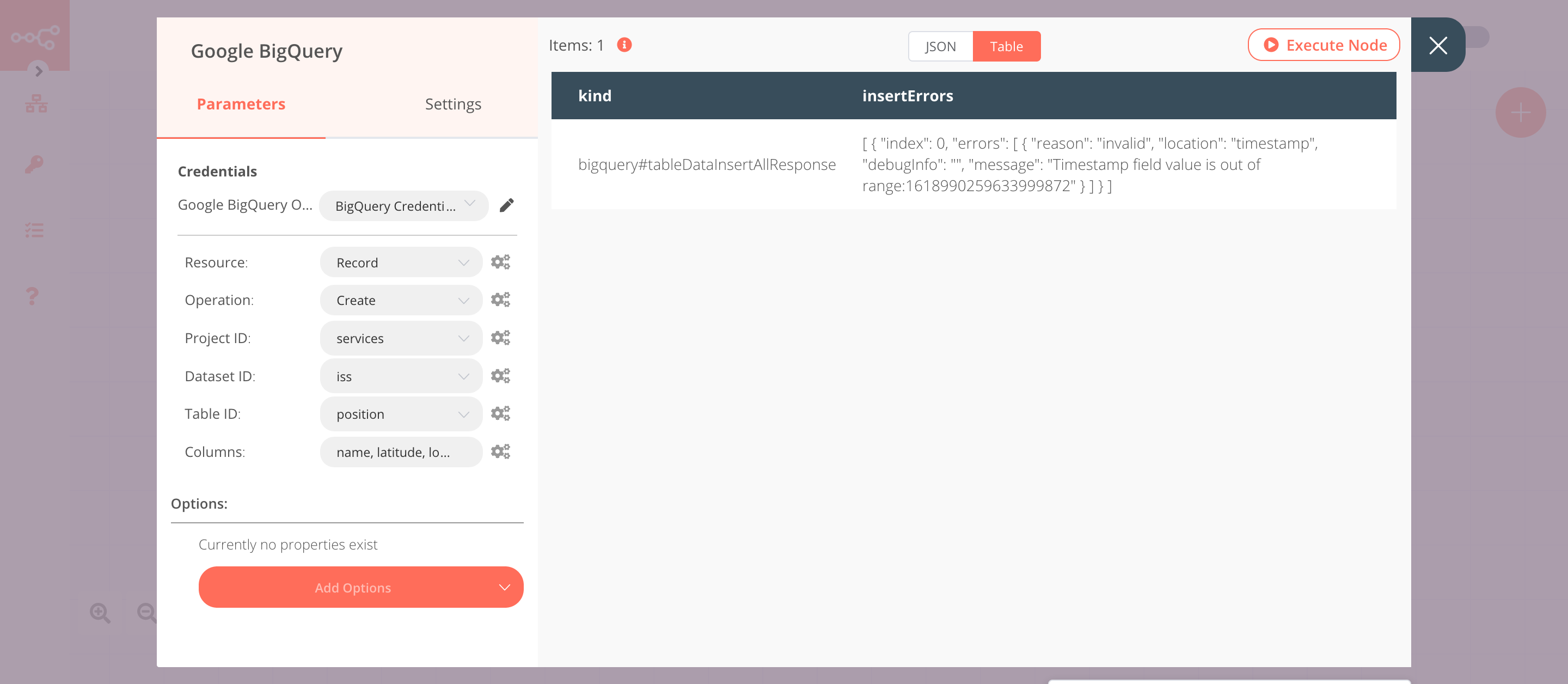 Using the Google BigQuery node to create new record