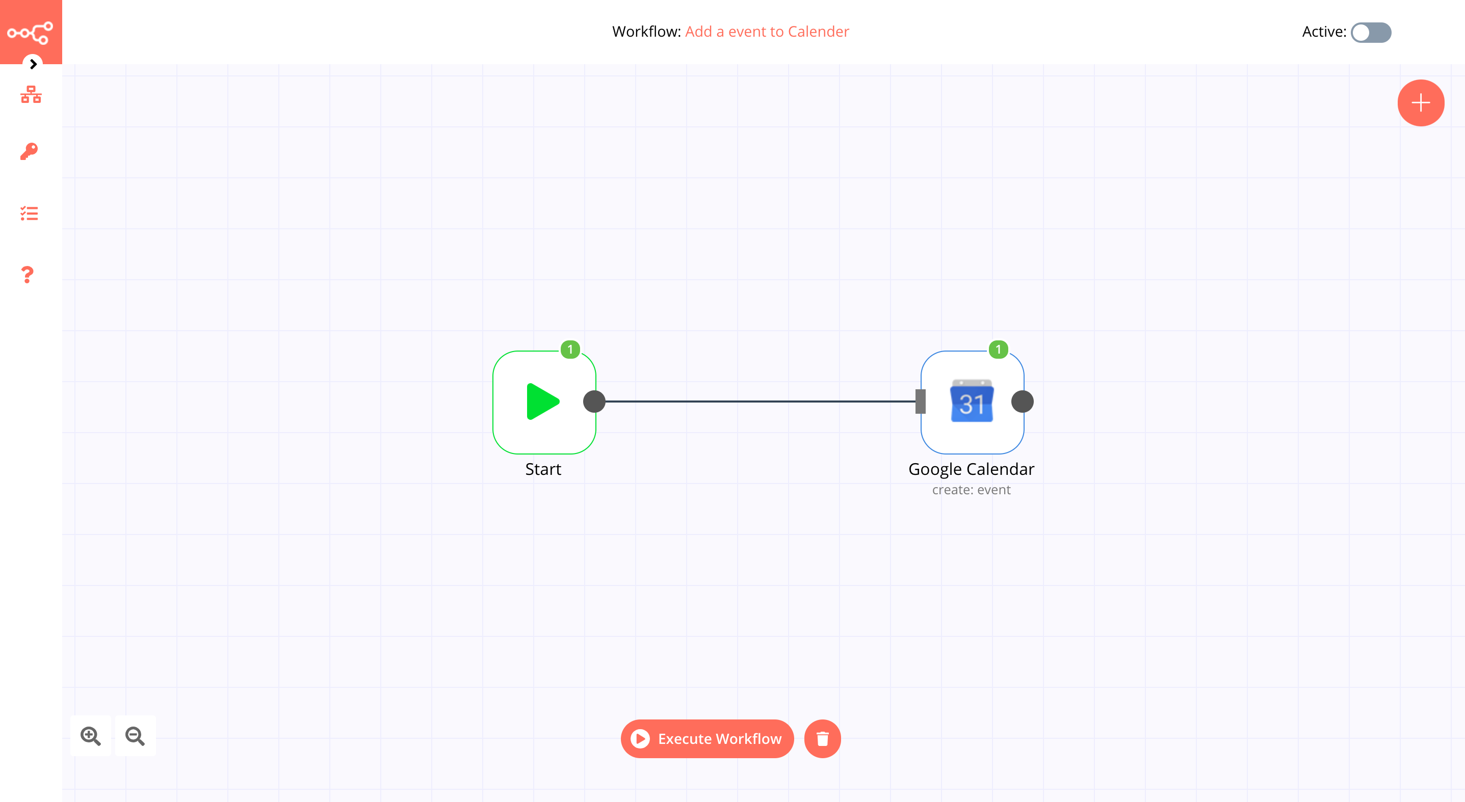 A workflow with the Google Calendar node