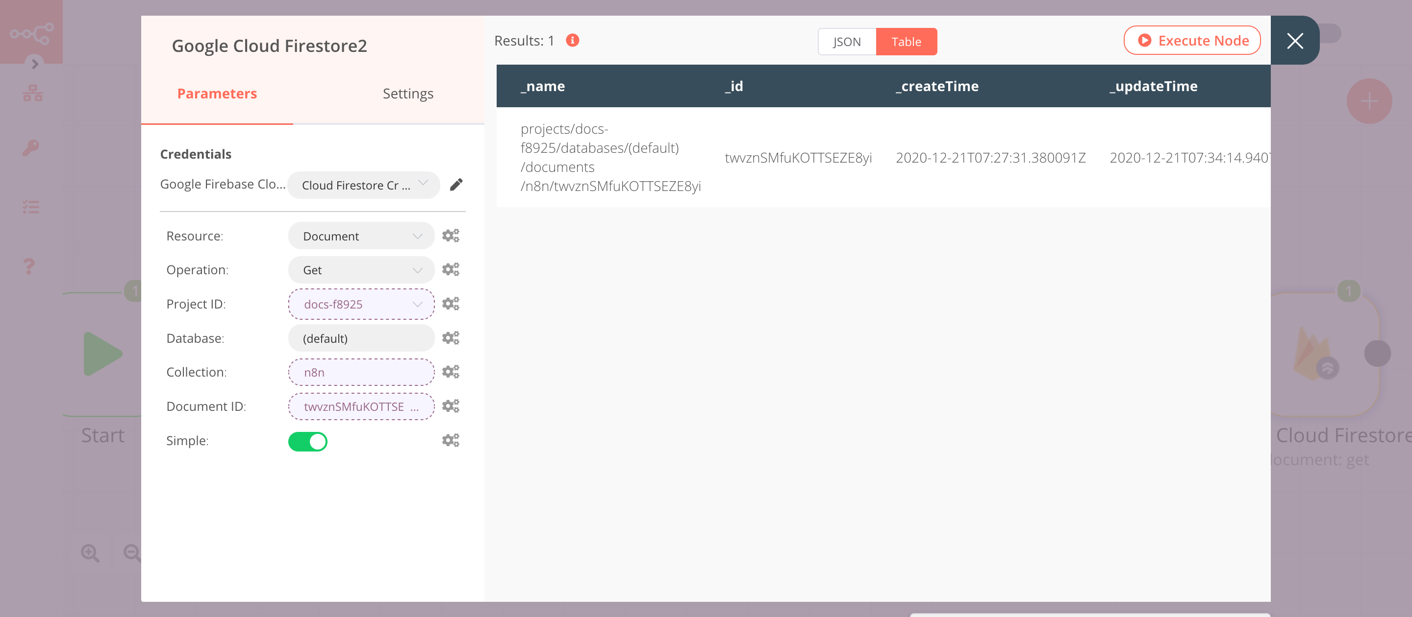 Using the Google Cloud Firestore node to get a document