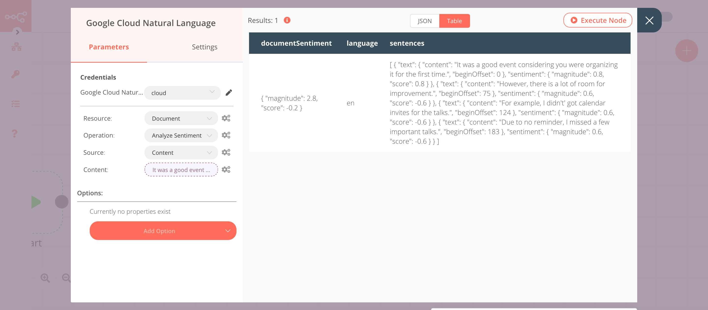 Using the Google Cloud Natural Language node to analyze the sentiment