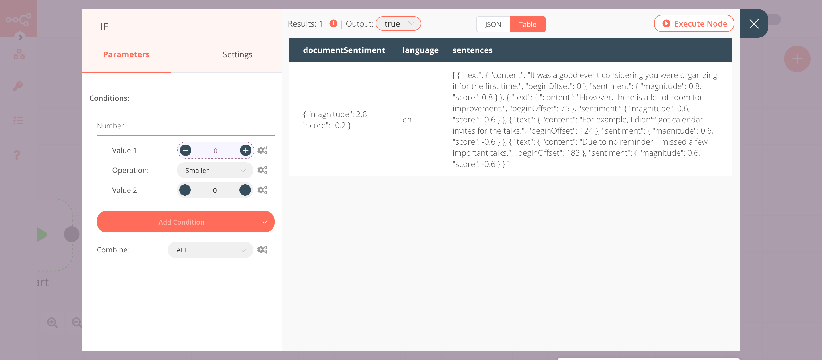 Using the IF node to check if the score is smaller than 0 or not