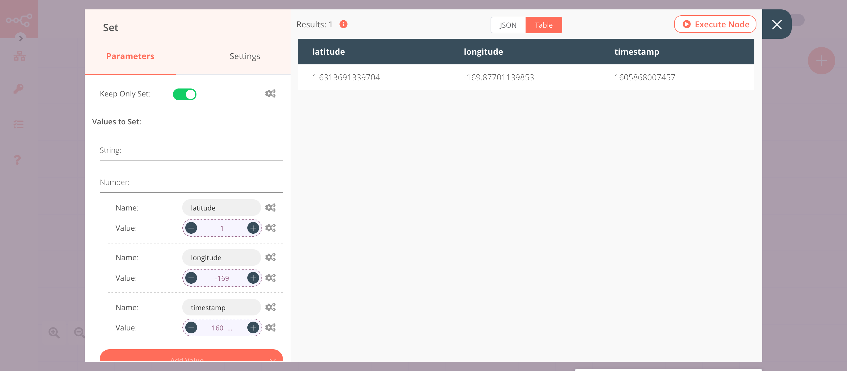 Using the Set node to set the data