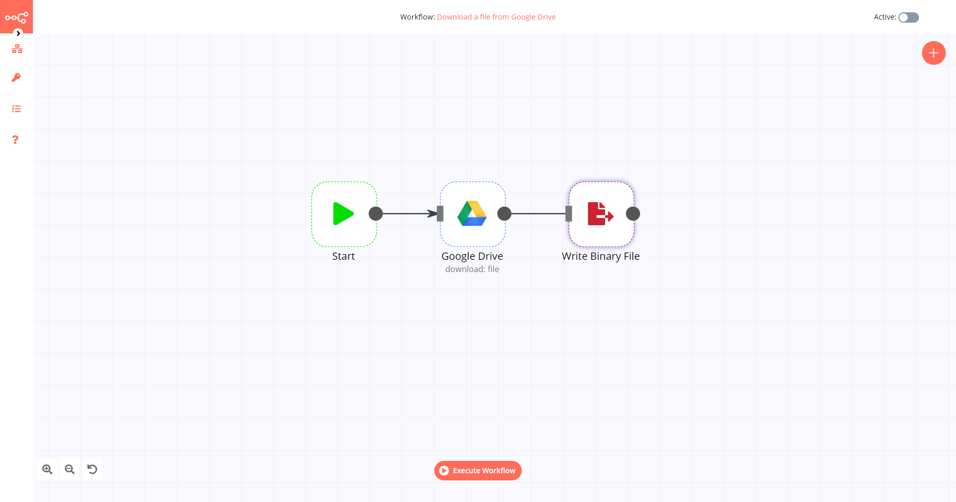 A workflow with the Google Drive node