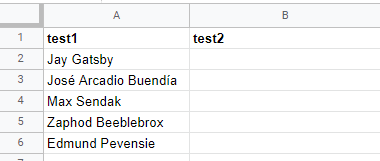 The spreadsheet set up for testing