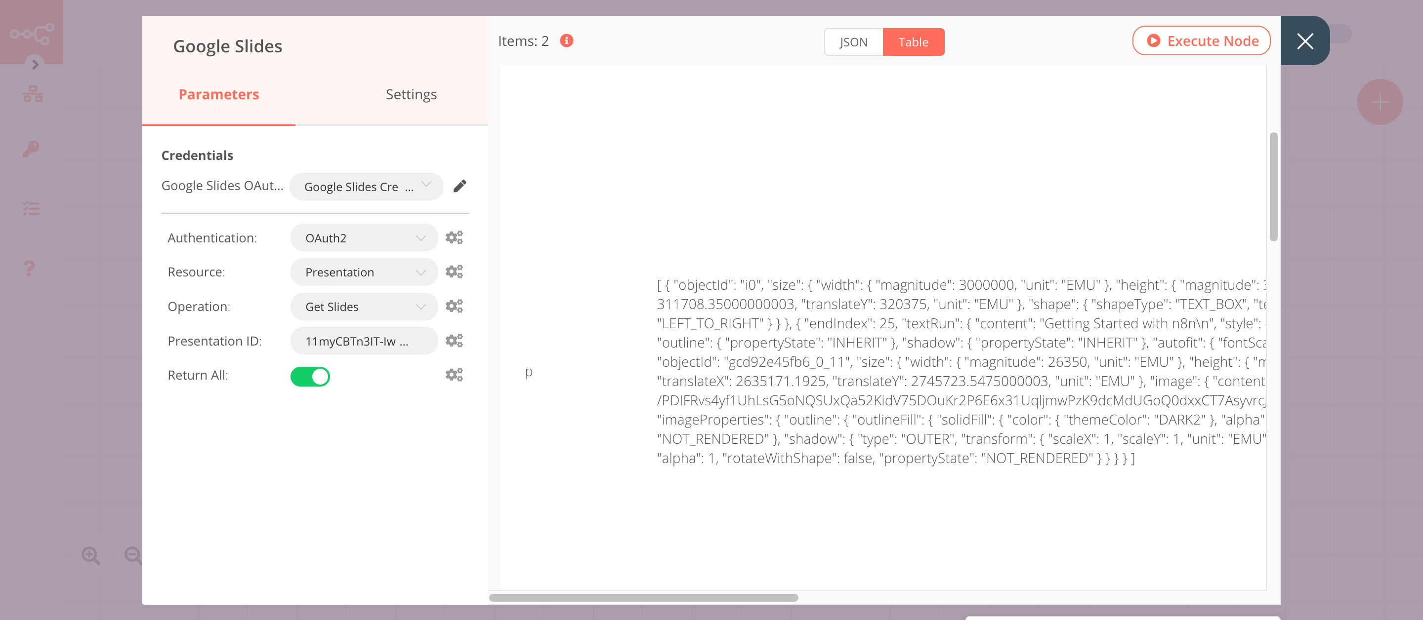 Using the Google Slides node to get slides from a presentation