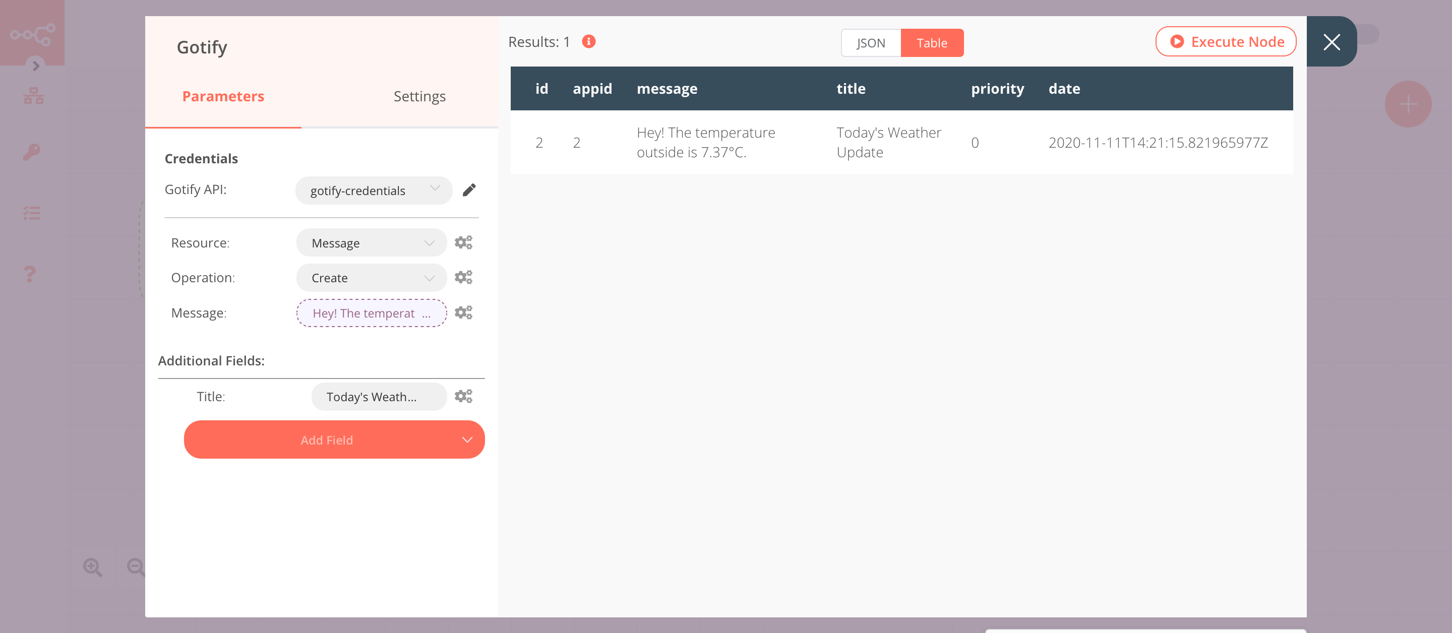 Using the Gotify node to send weather updates via a message