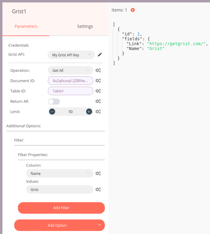 Using the Grist node to read data from an Grist table