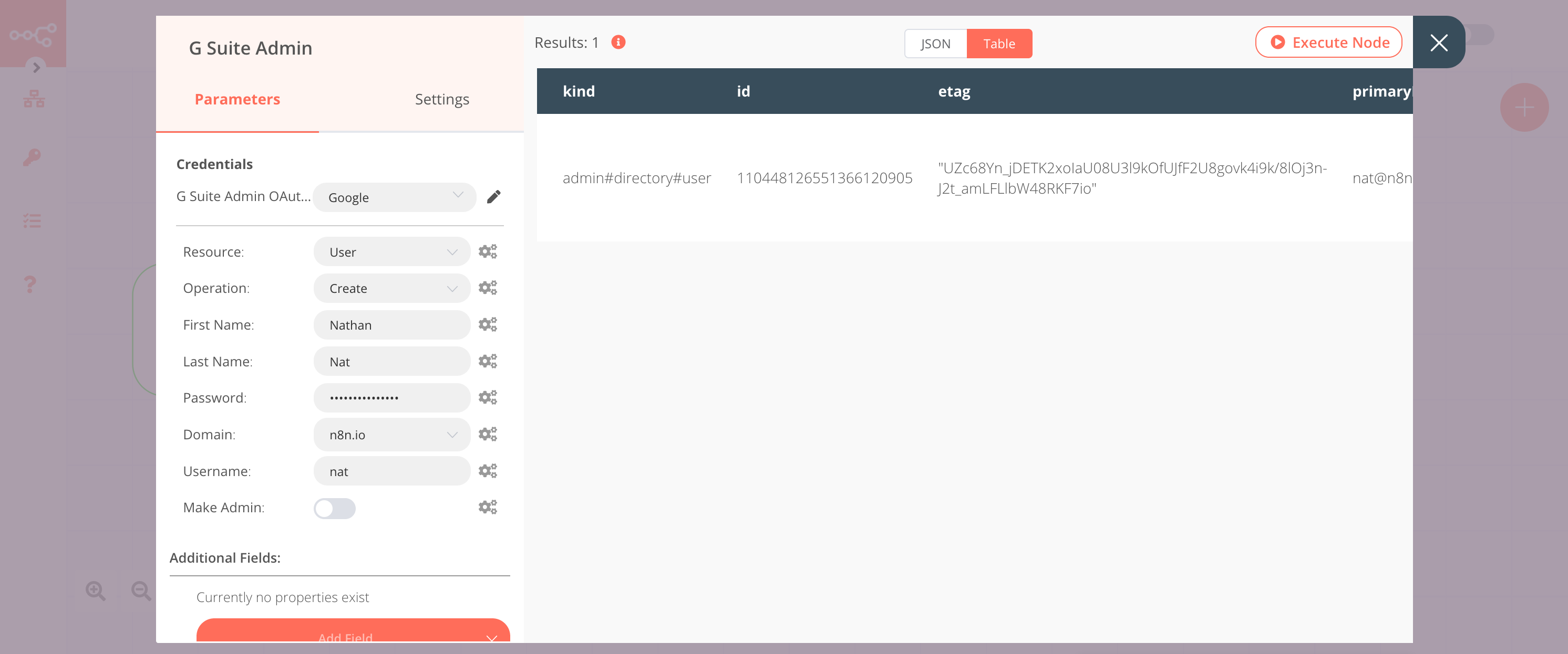 Using the G Suite Admin node to create a user