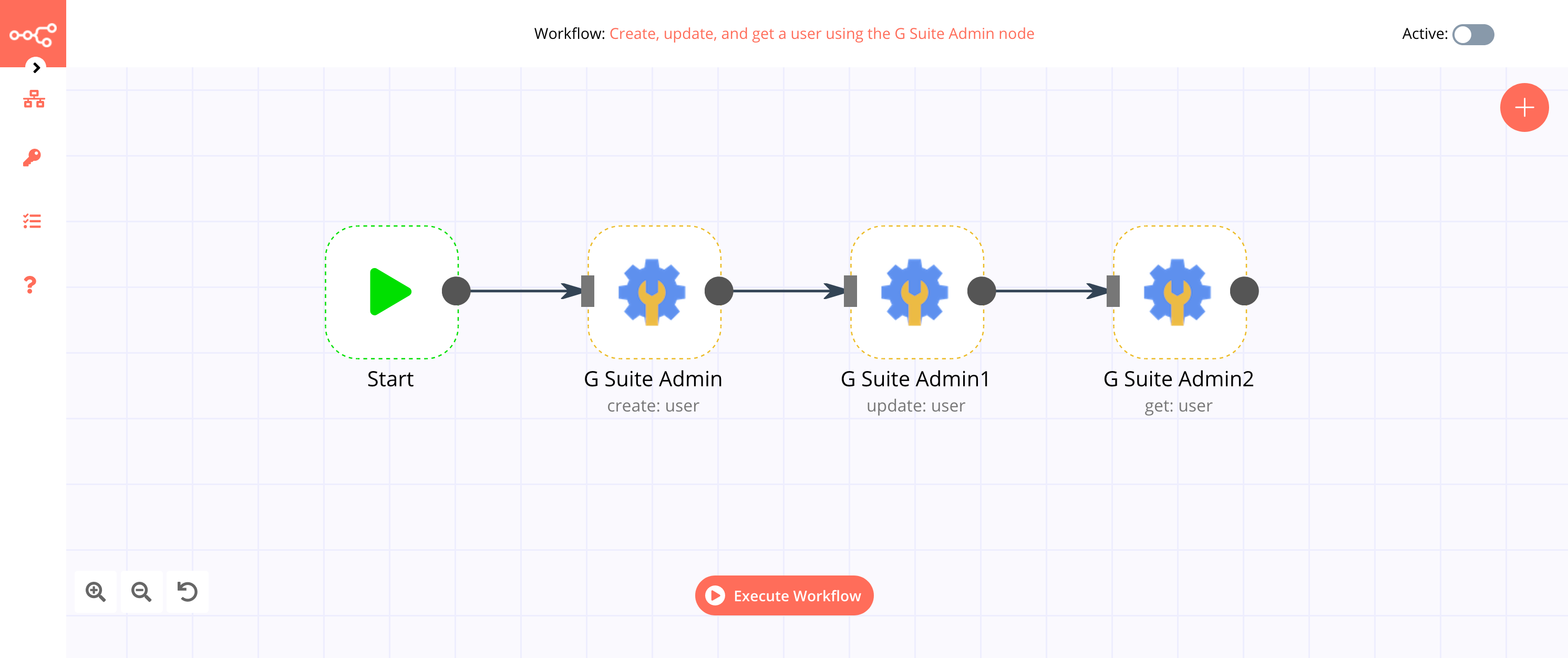 A workflow with the Google Sheets node