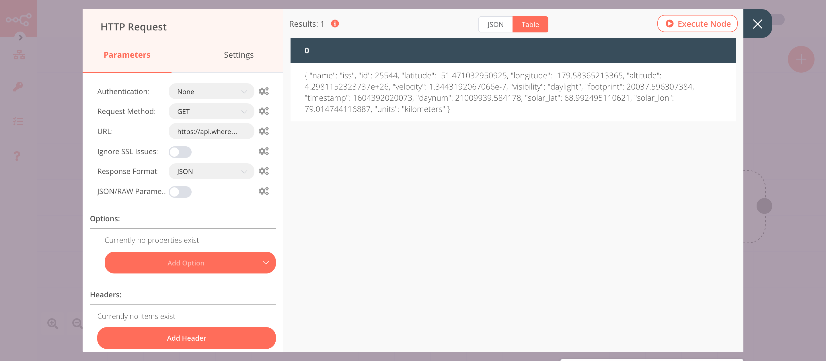 Using the HTTP Request node to get the information about the location of the ISS