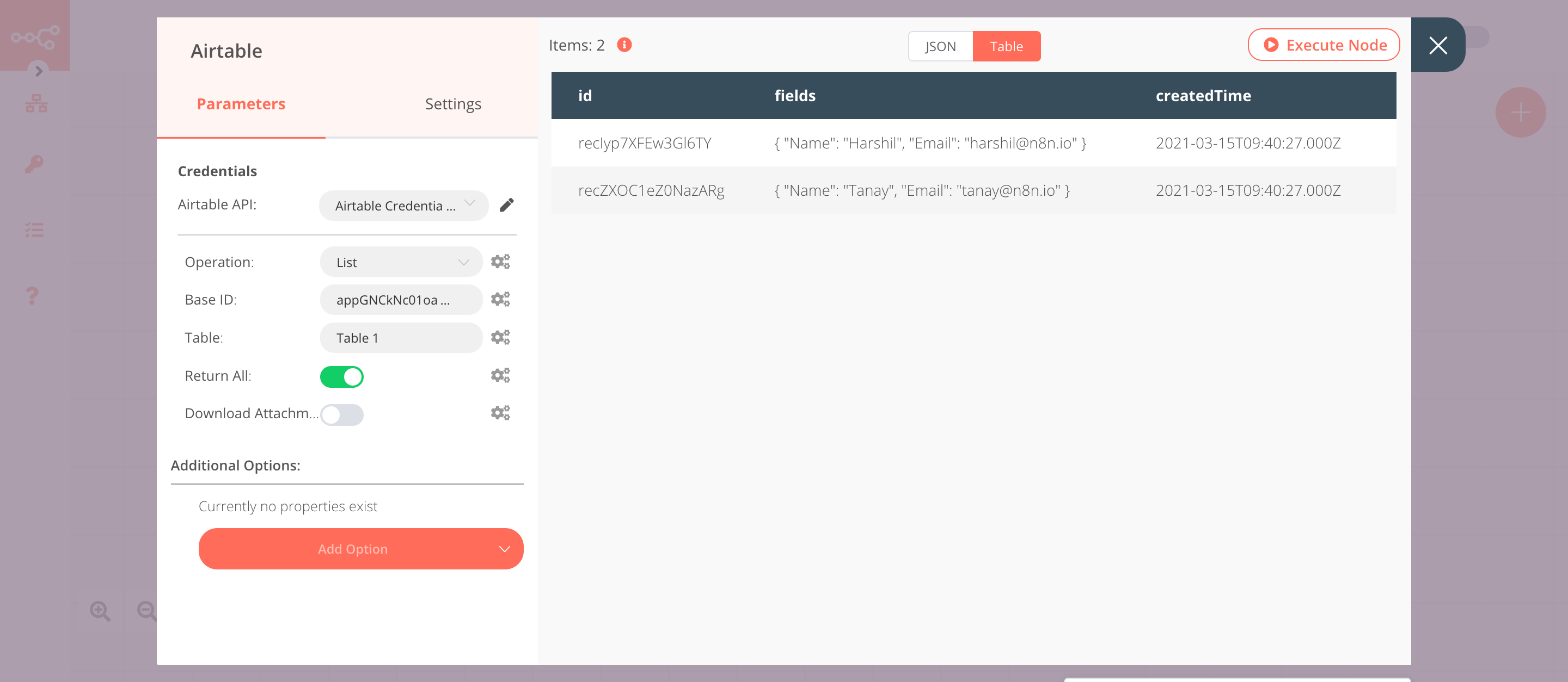 Using the Airtable node to list data from an Airtable table