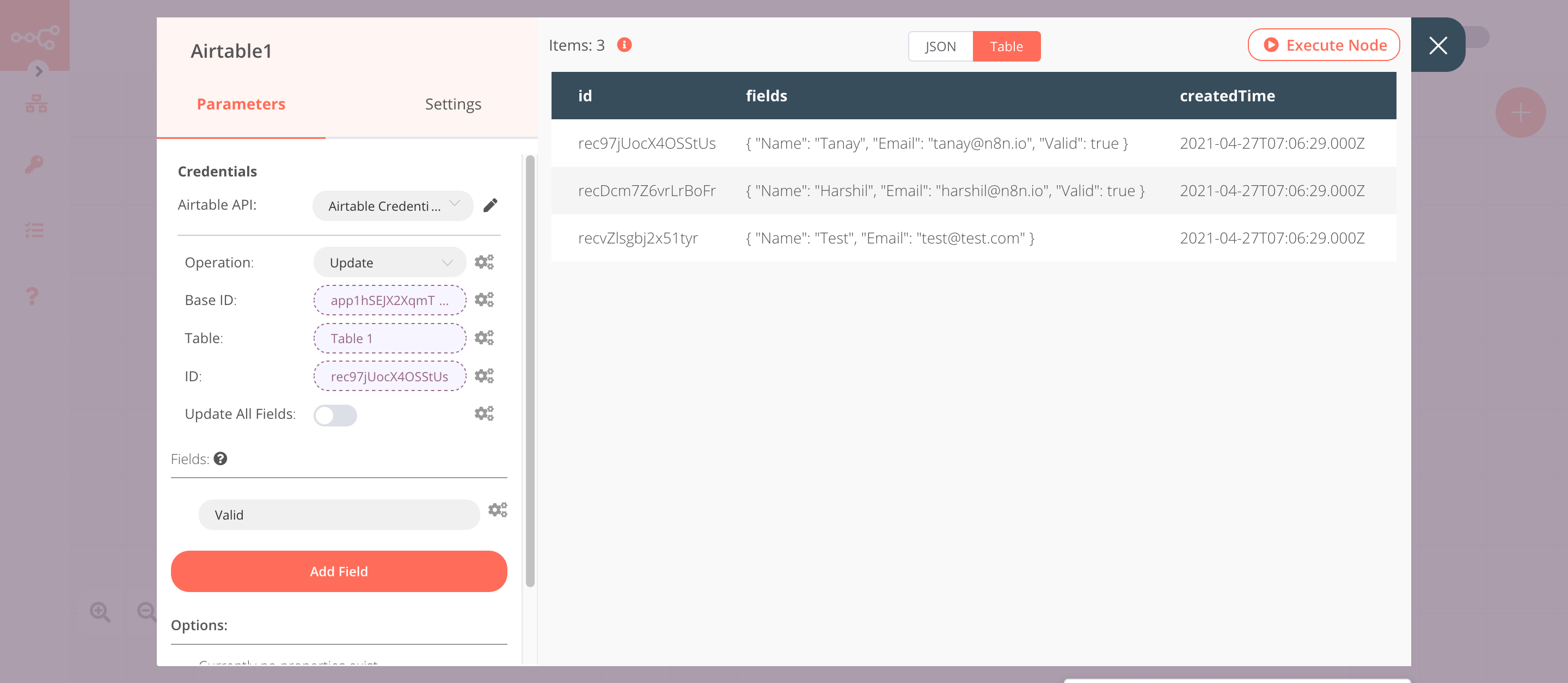 Using the Airtable node to update data of a record