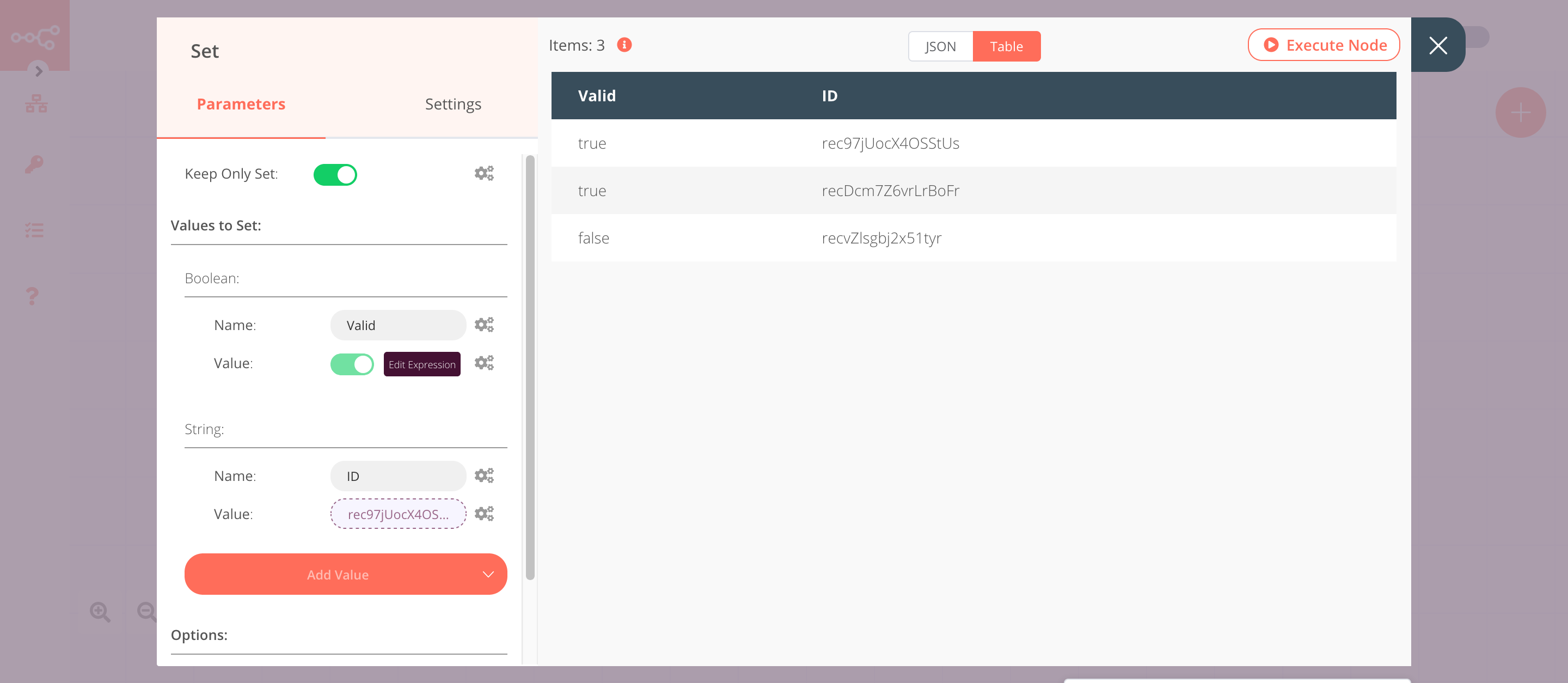 Using the Set node to set data to be updated by the Airtable node