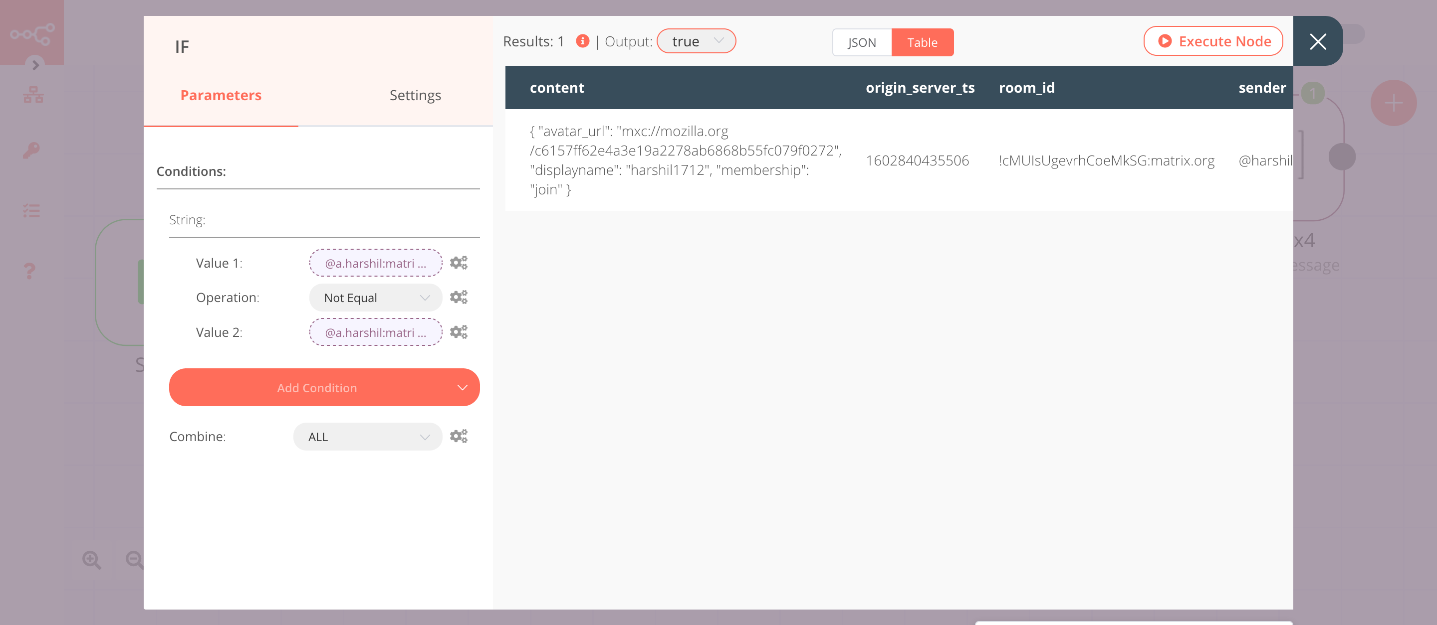 Using the IF node to compare your user id with the user id of the members in a room