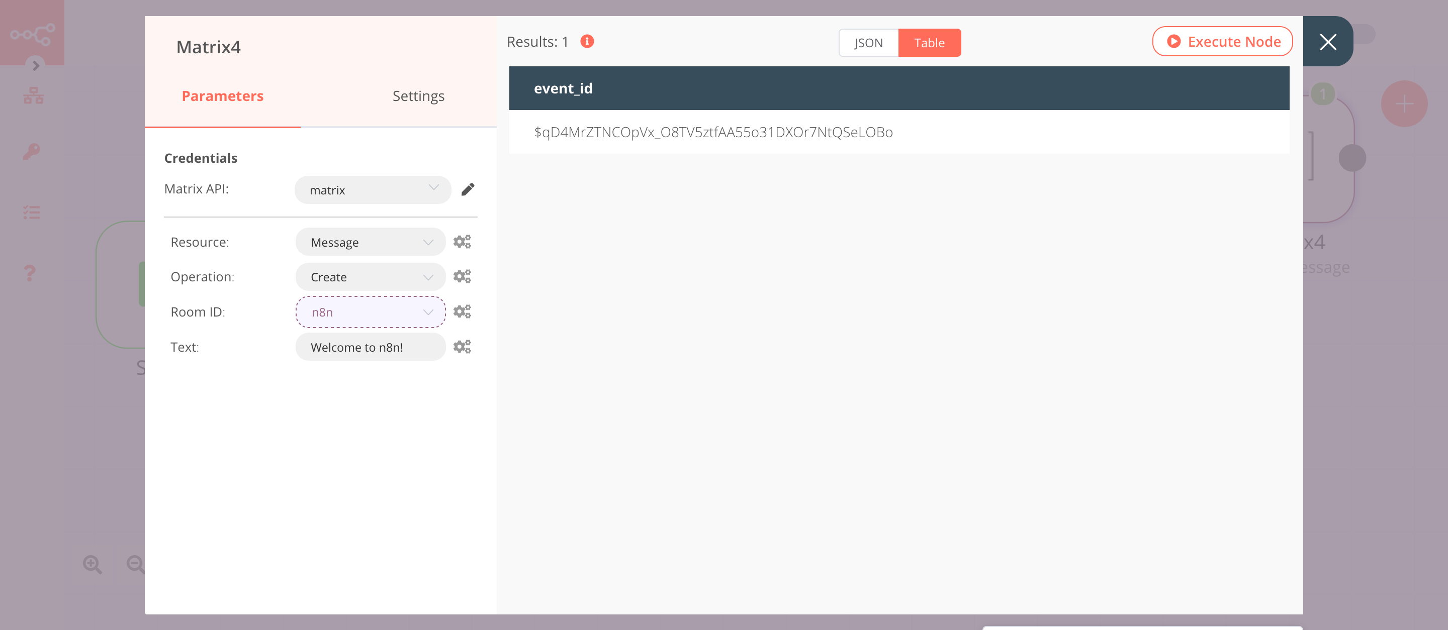 Using the Matrix node to send a message to the room we created