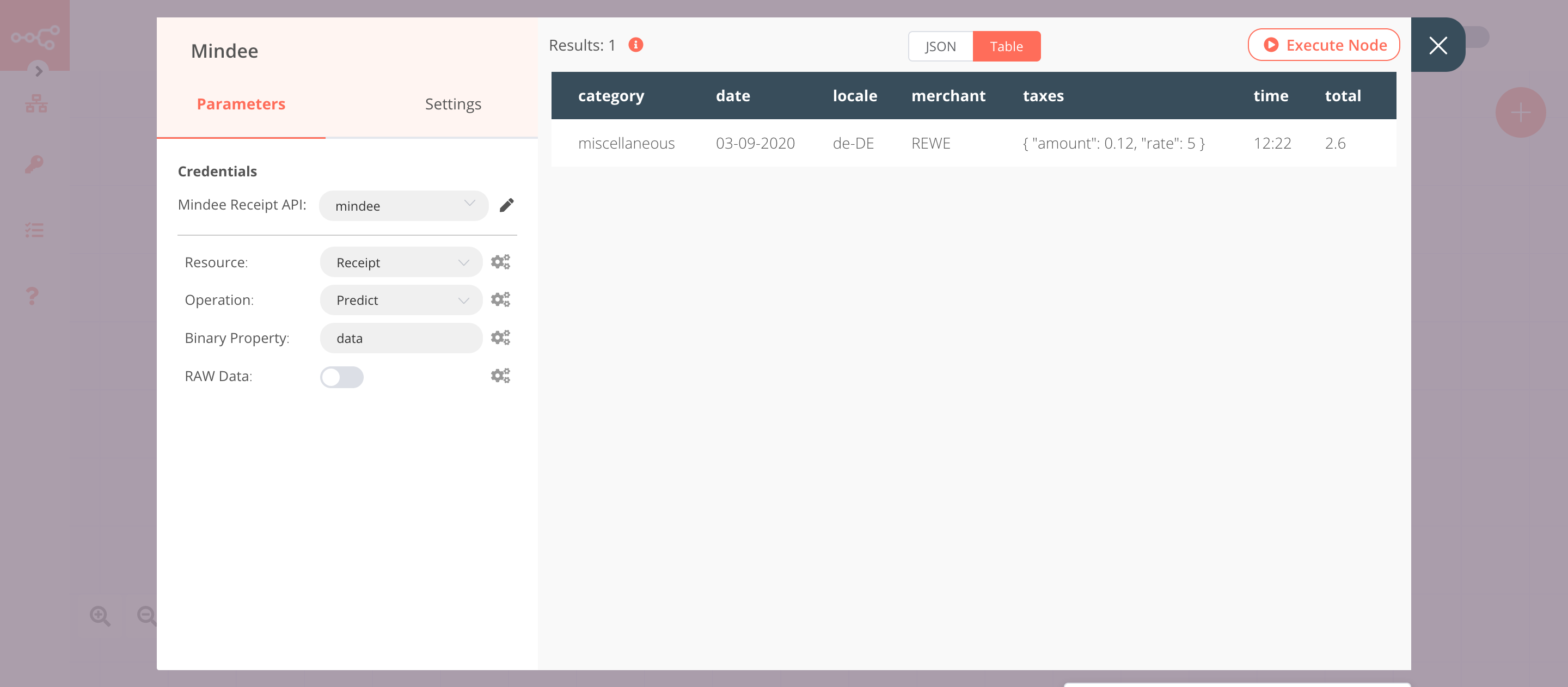 Using the Mindee node to extract information from receipt