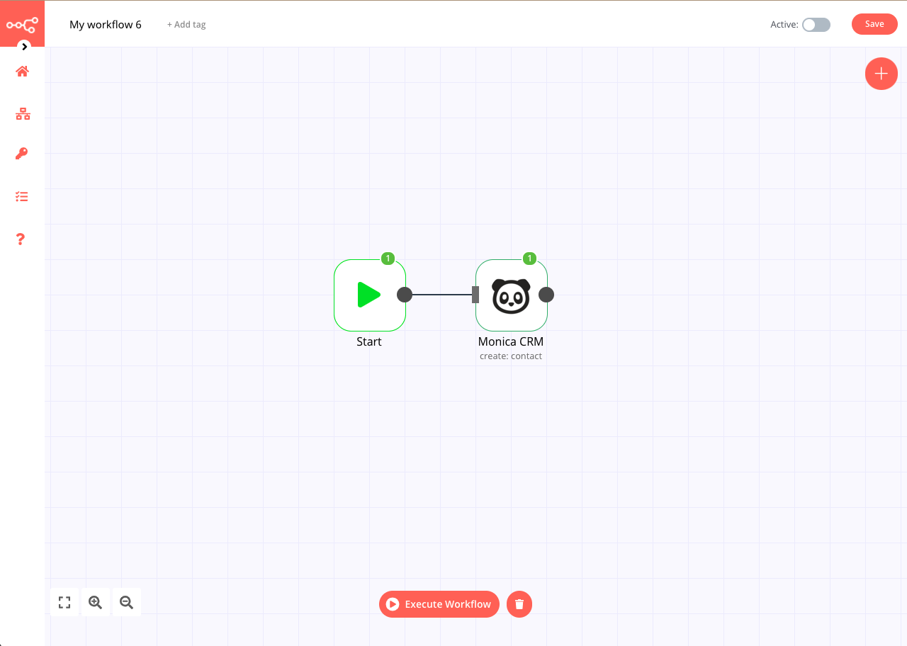 A workflow with the Monica CRM node