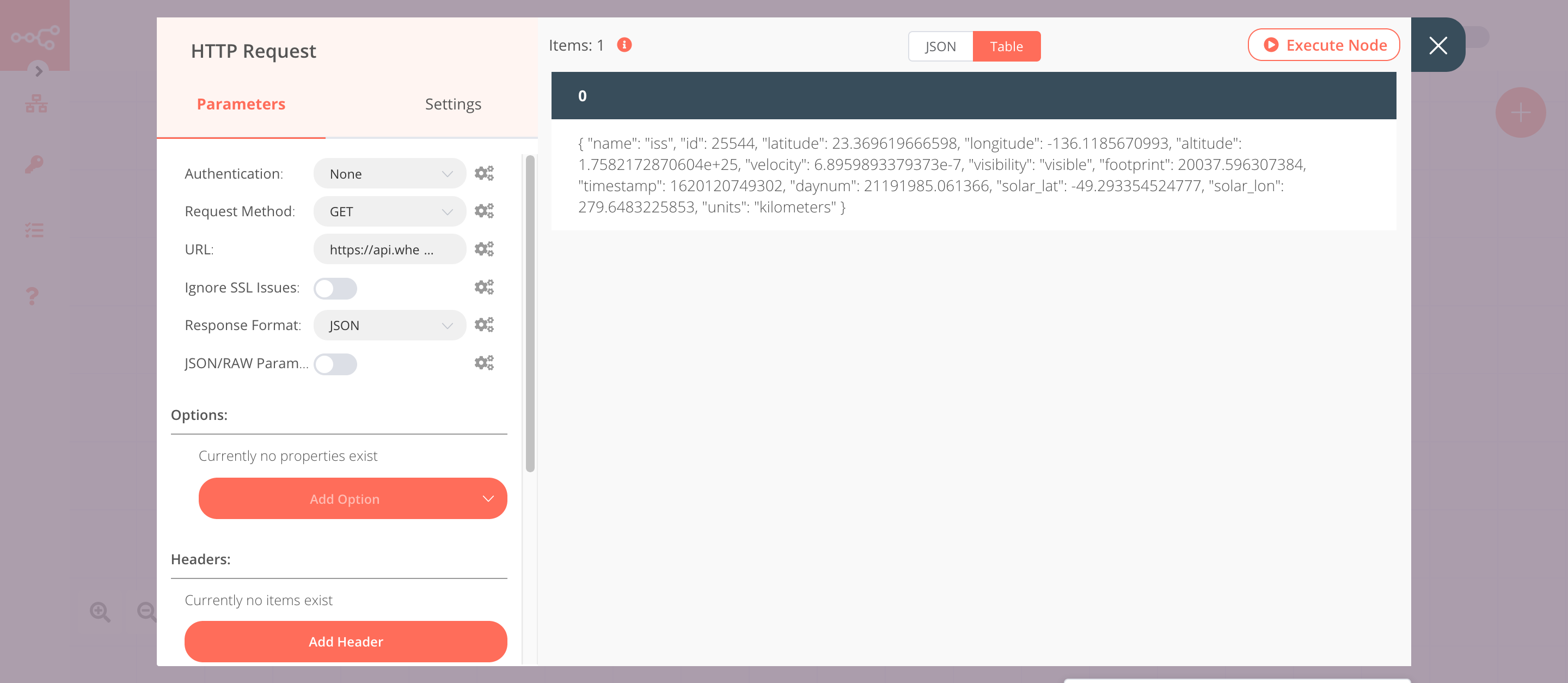 Using the HTTP Request node to get the information about the location of the ISS