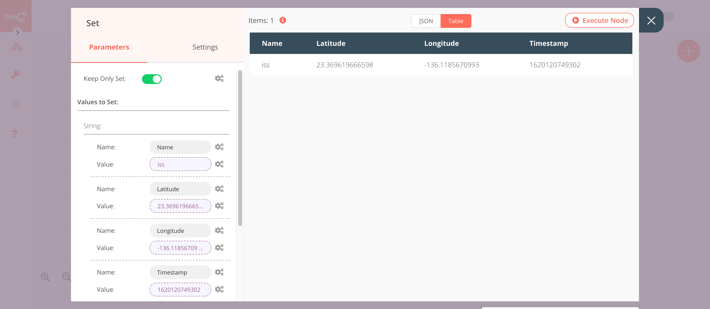 Using the Set node to set the data