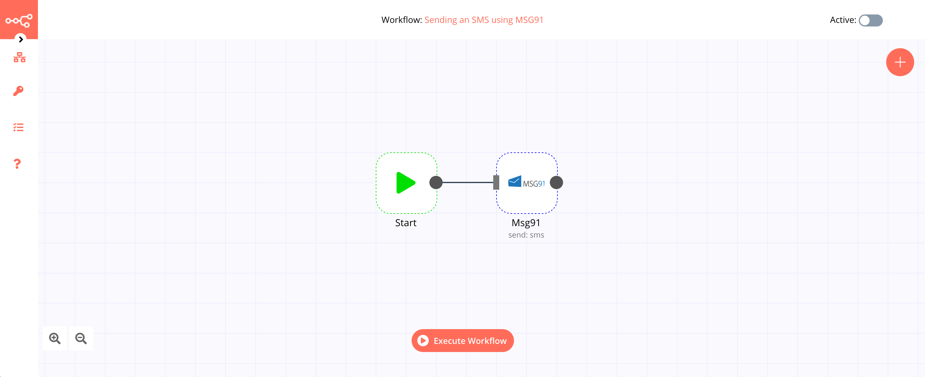 A workflow with the MSG91 node