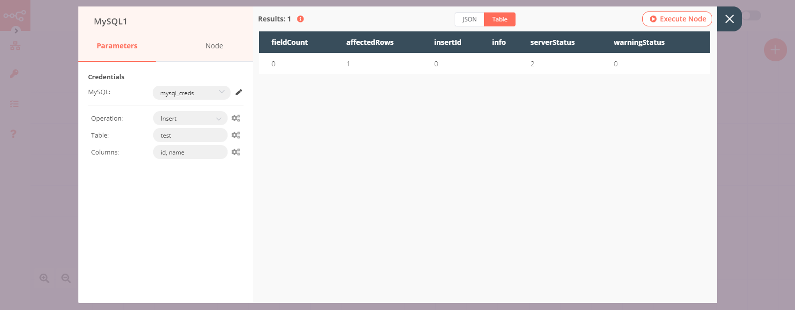 Using the MySQL node to insert data into a table