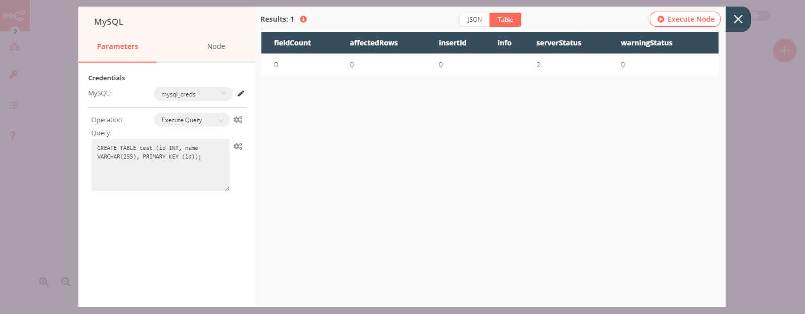 Using the MySQL node to create a table