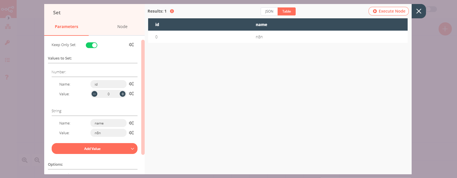 Using the Set node to set data to be inserted by the MySQL node