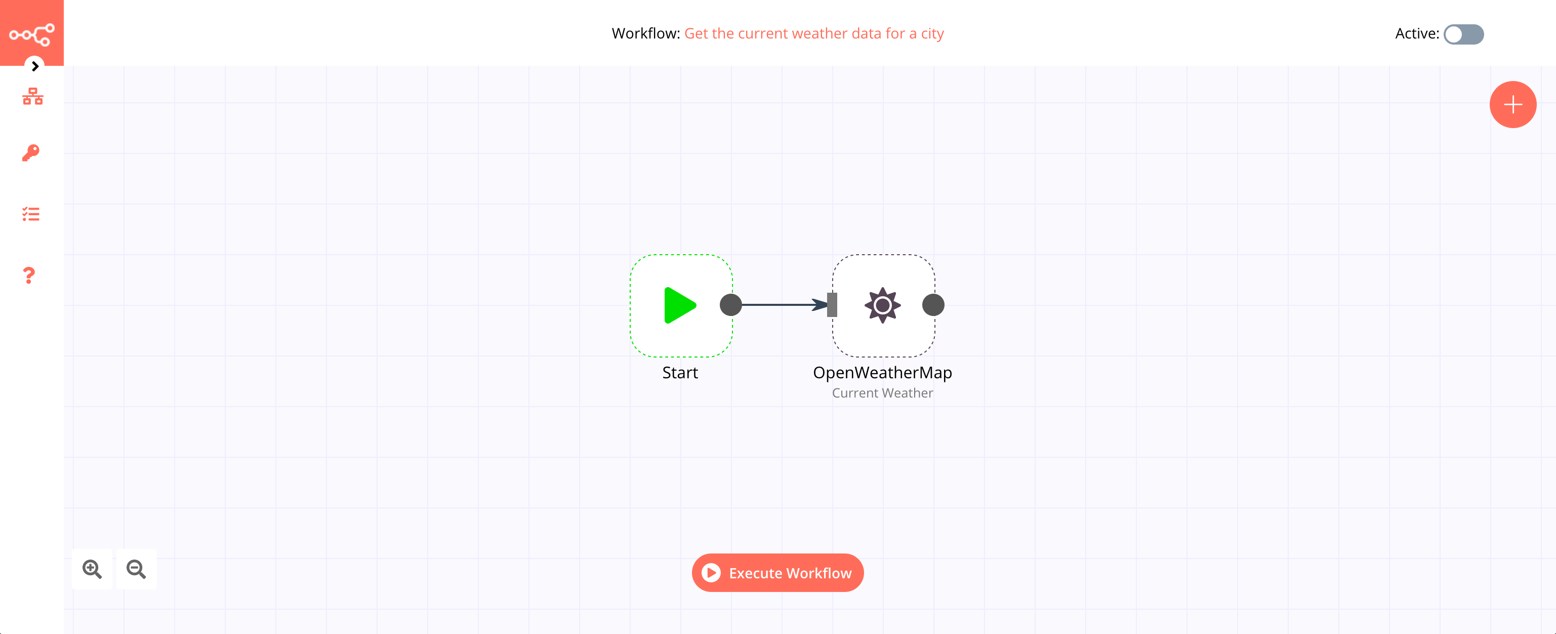 A workflow with the OpenWeatherMap node