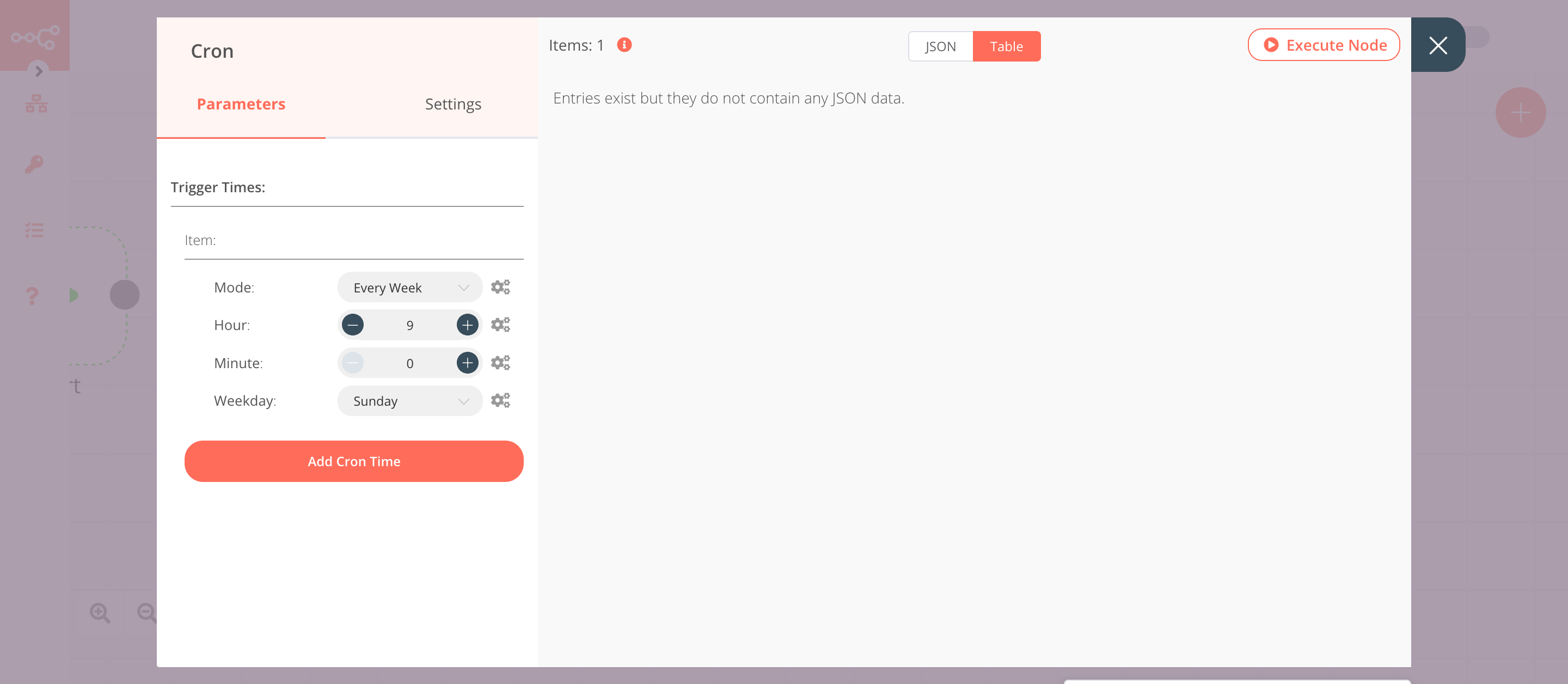 Using the Cron node to trigger the workflow once a week