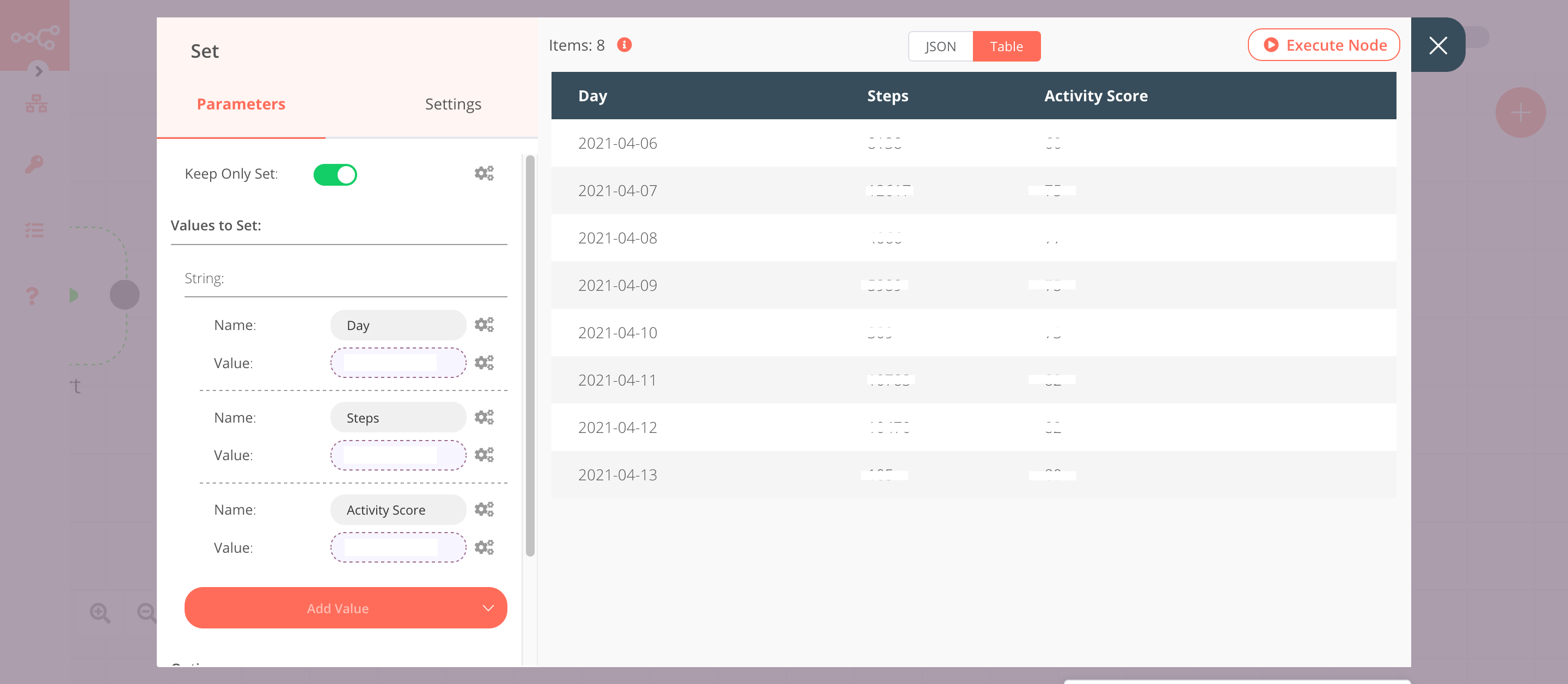 Using the Set node to set the data