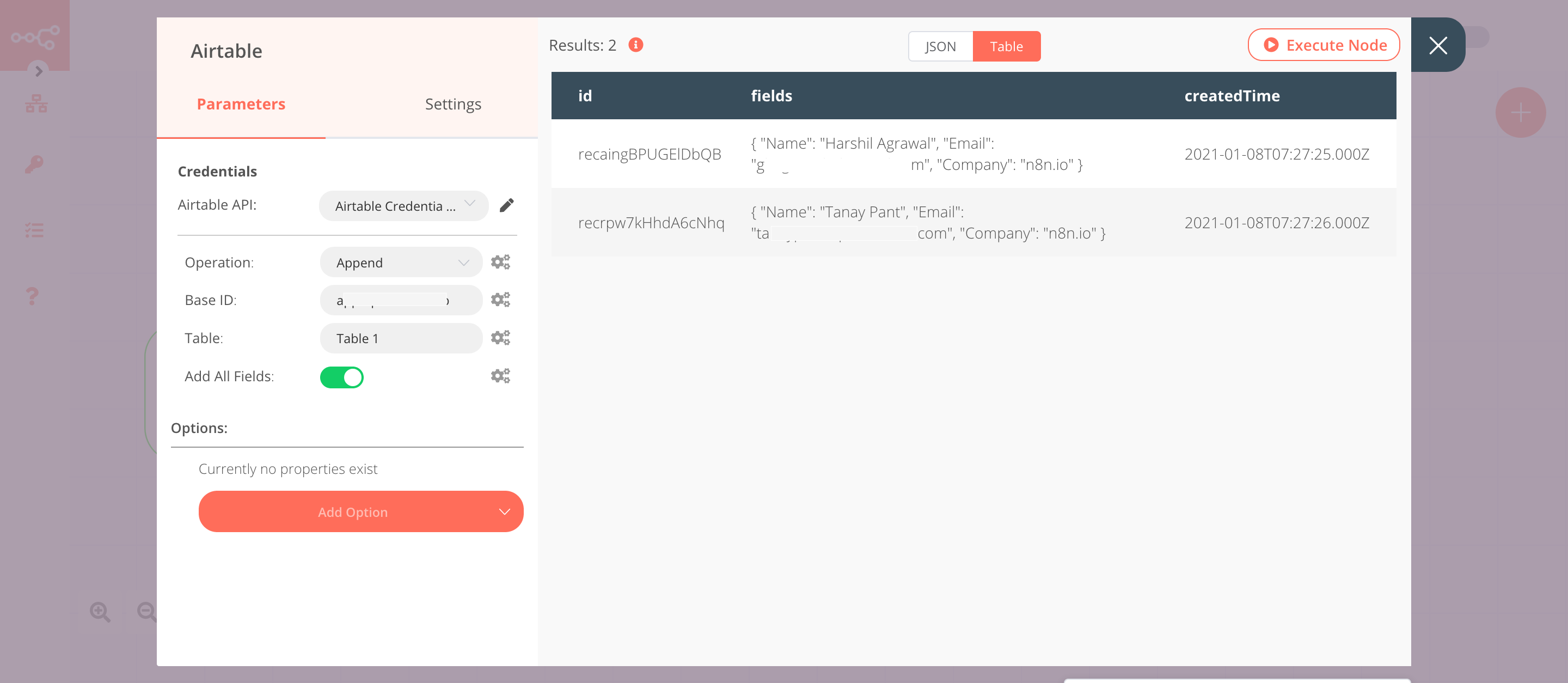 Using the Airtable node to insert data into an Airtable table