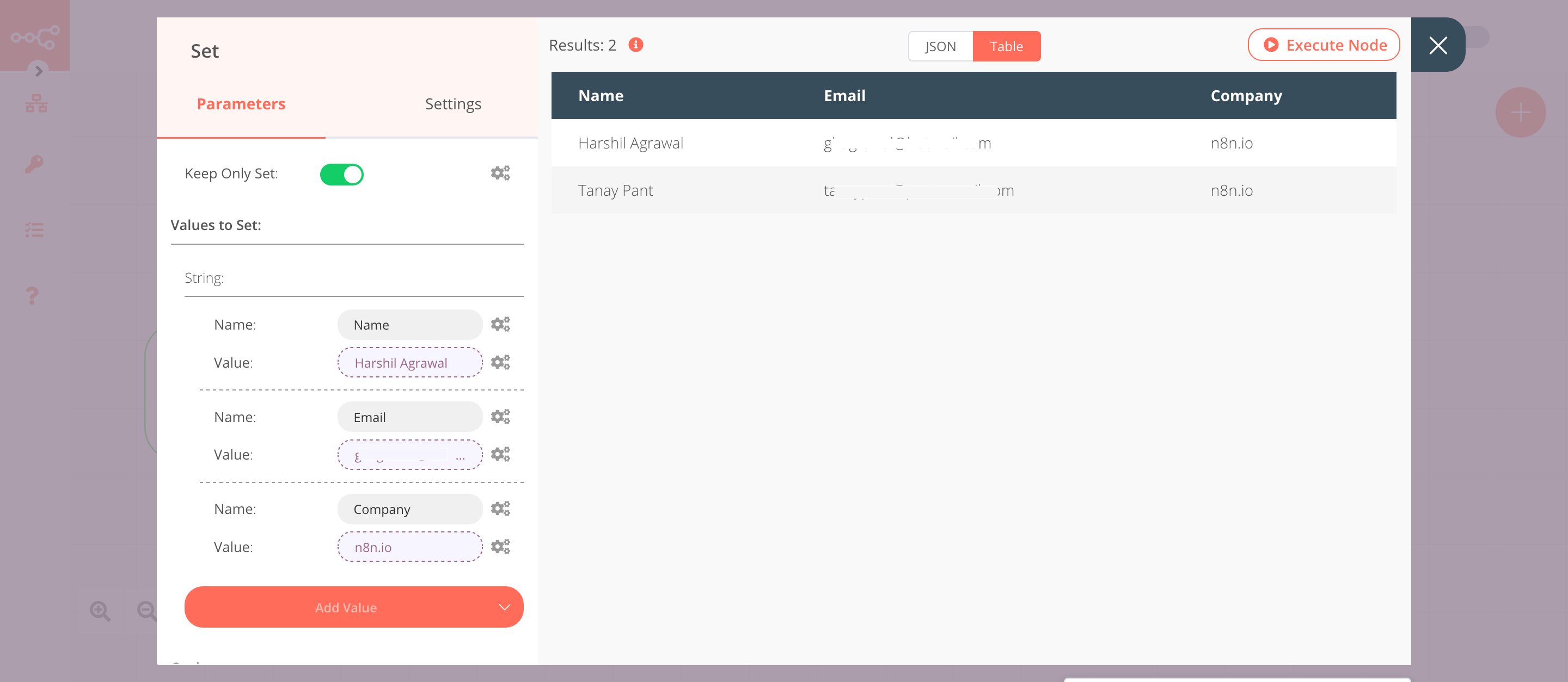 Using the Set node to set the data