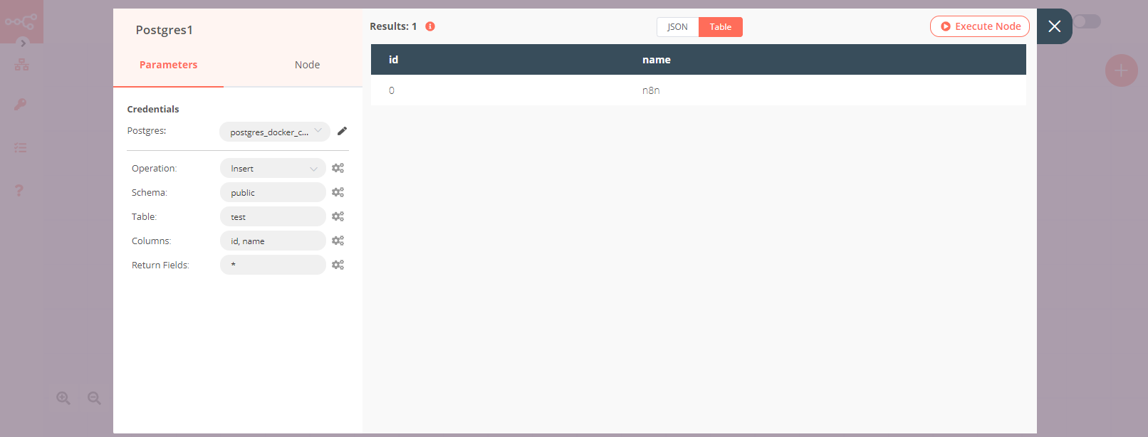 Using the Postgres node to insert data into a table