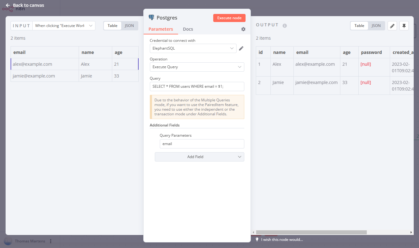 Screenshot of the query parameters and input data fields