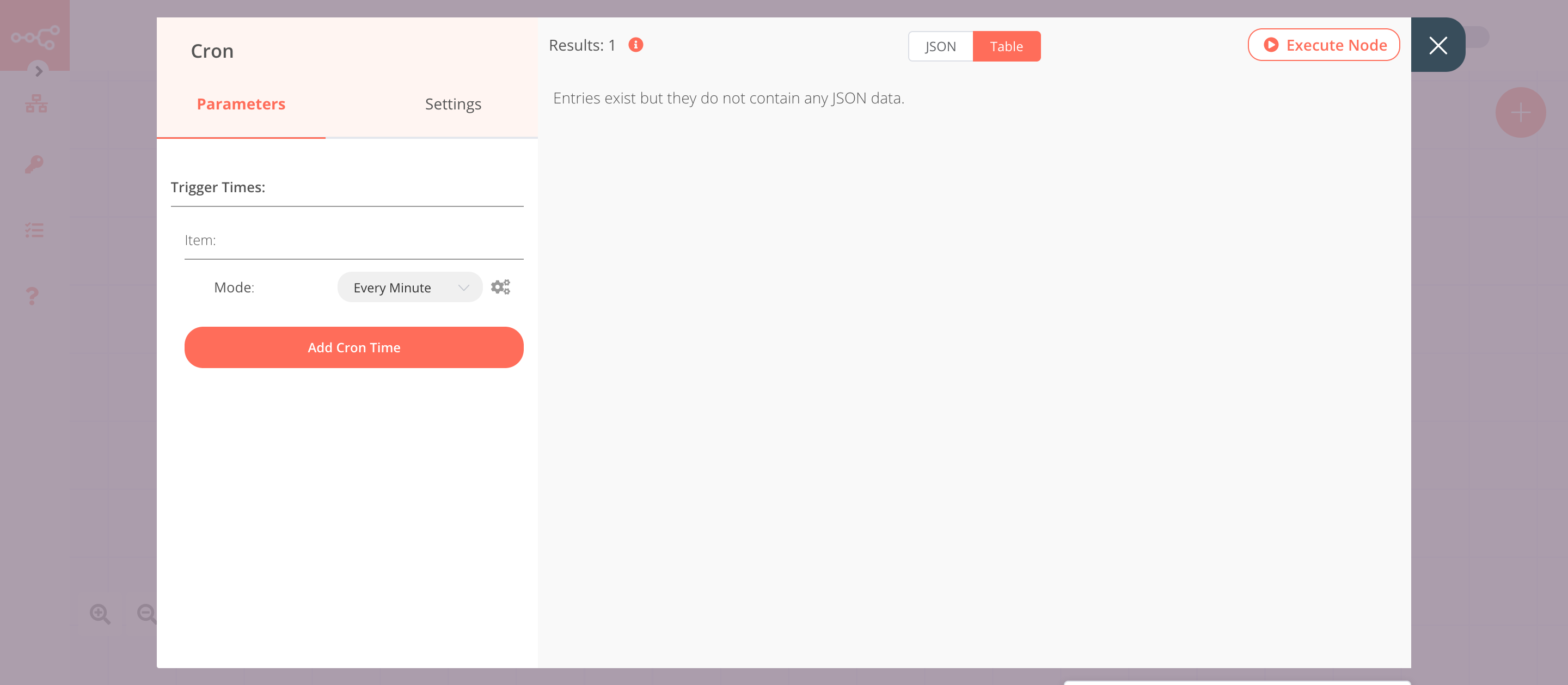 Using the Cron node to trigger the workflow every minute