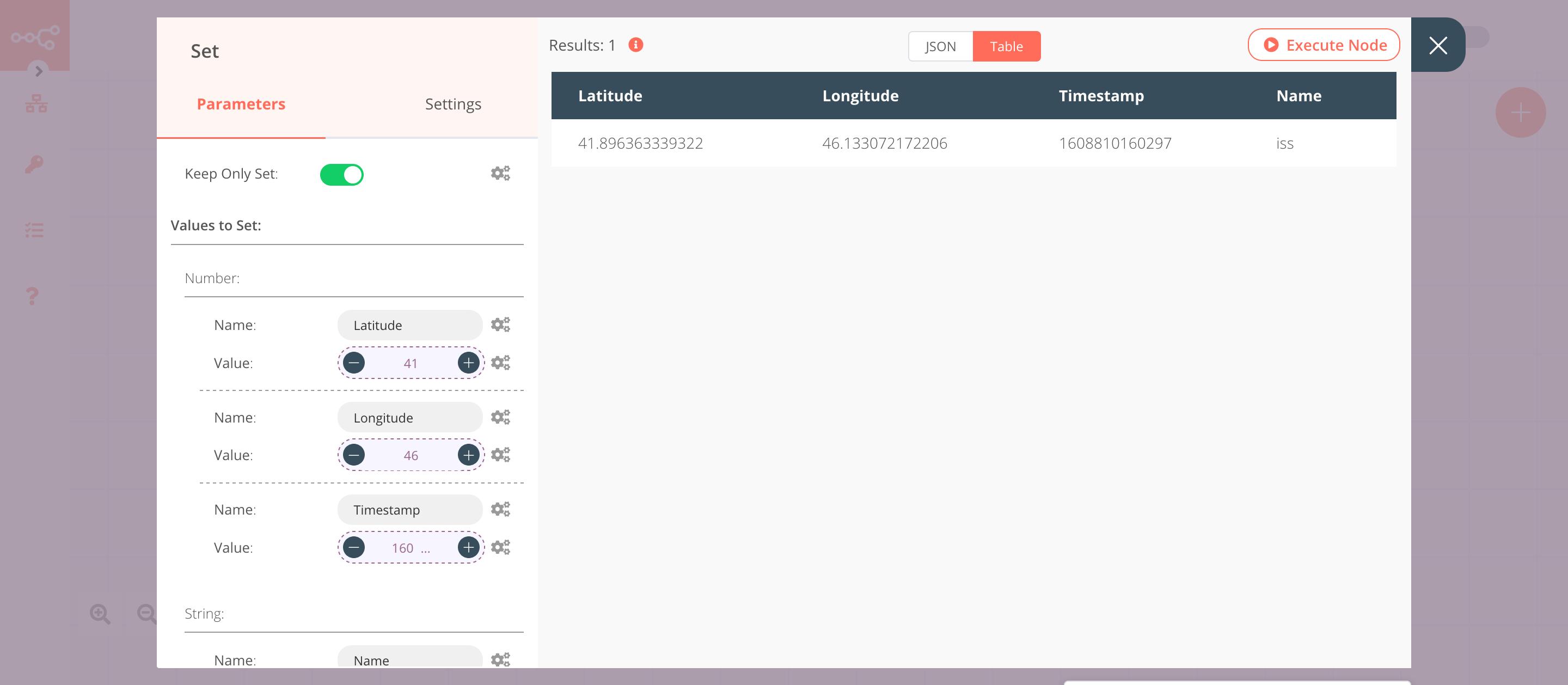 Using the Set node to set the data