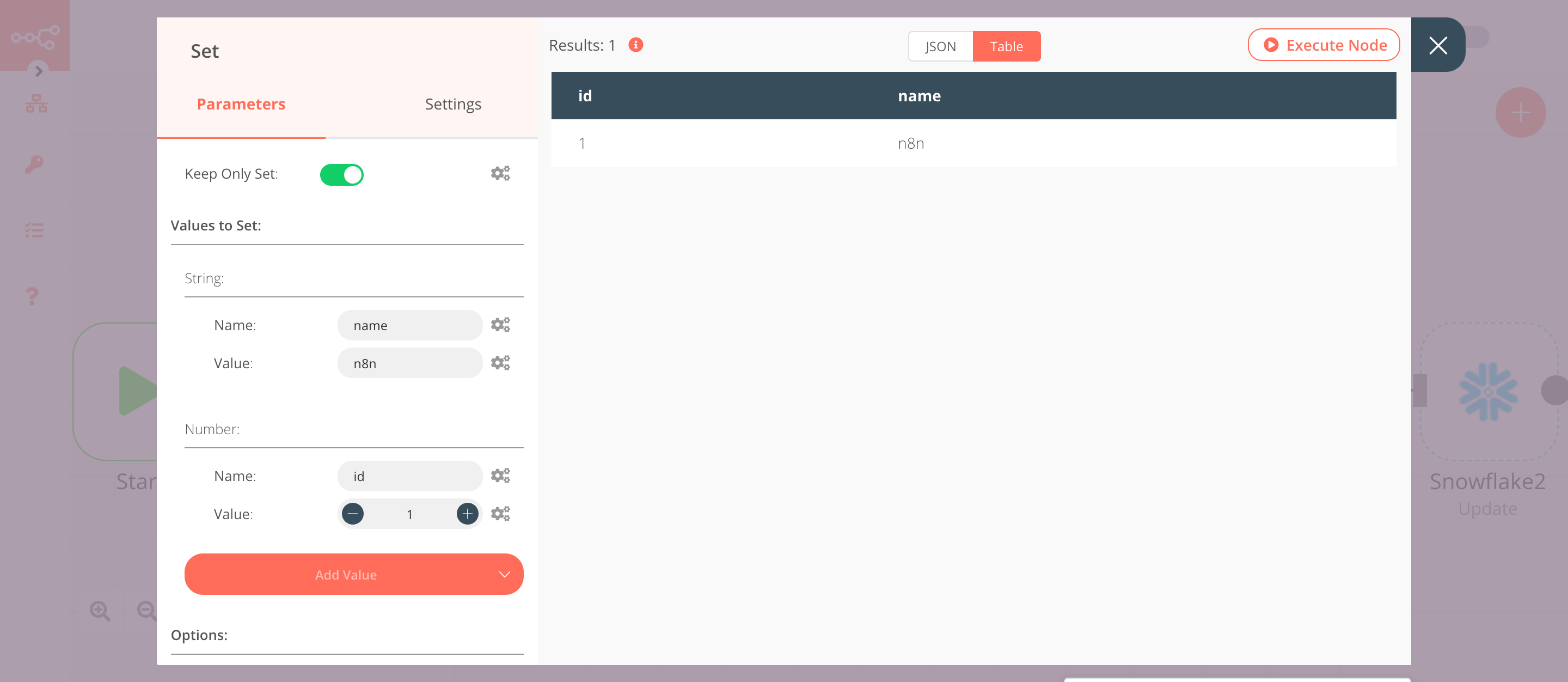 Using the Set node to set data to be inserted by the Snowflake node